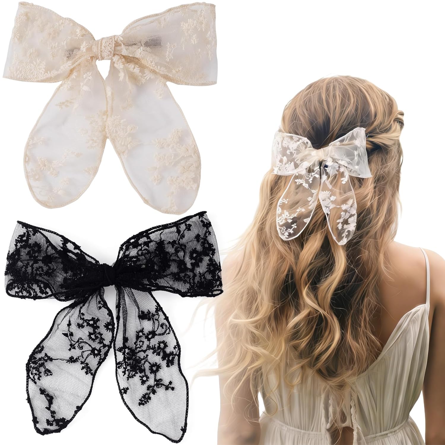2pcs Lace Hair Bow Clips, Large Drape Bow Lace Hair Clips, Tulle Bowknot Barrettes Accessories for Women Bridal Weddings- Black & Beige - Image 1