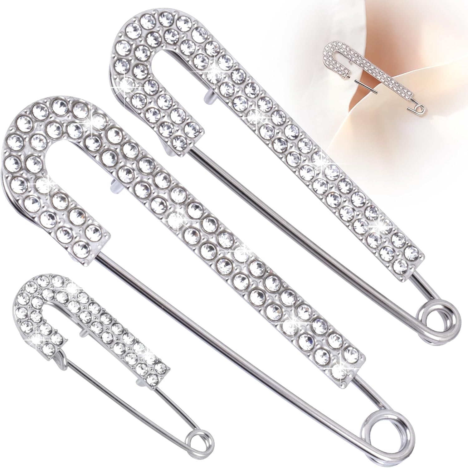 3pcs Large Rhinestone Safety Pins, Sparkly Decorative Brooch Pins for Clothes, Shiny Crystal Brooch Clips for Sweaters Shawl Scarf Jeans Skirts Dress Hat Decor- Silver - Image 1