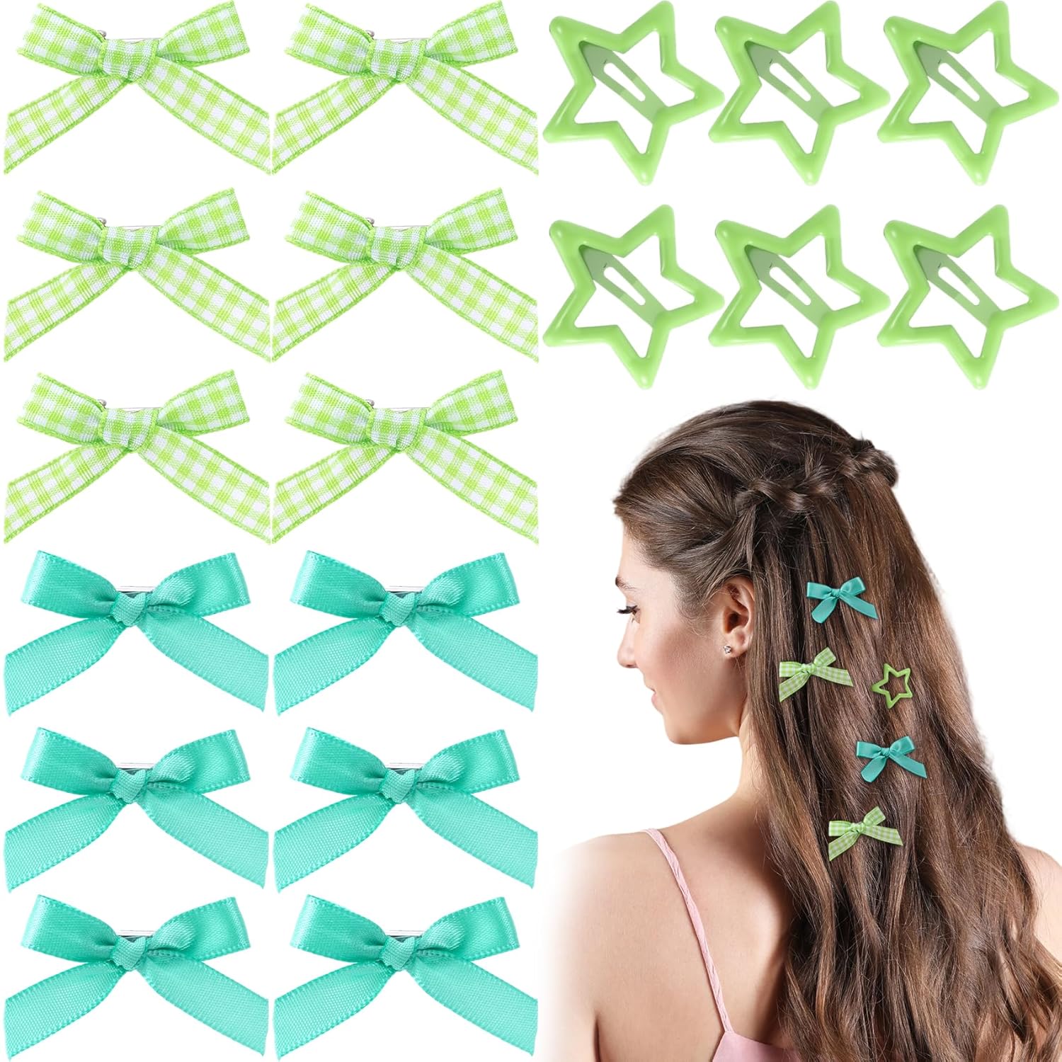 18pcs Mini Bow Star Hair Clips, Satin Ribbon Gingham Bow Snap Star Barrettes, Metal Non-Slip Clips Y2K Hair Accessories for Women Thin Thick Straight Curly Hairstyles- Green - Image 1