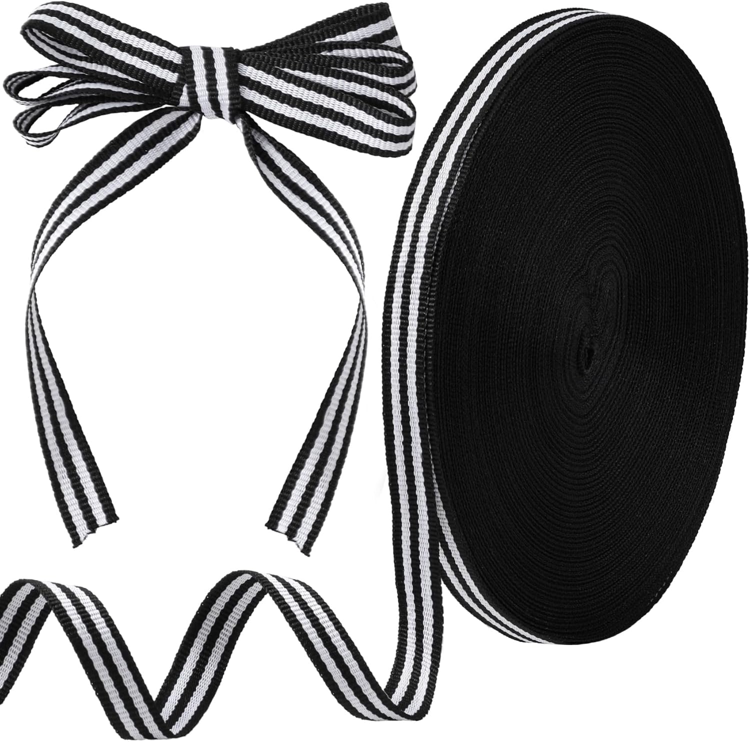 54.68 Yards Black and White Striped Ribbon, 0.39 Inch Wide Grosgrain Stripe Ribbons Fabric, Polyester Fabric Embellishments for Wrapping Wedding Birthday Decor DIY Crafts - Image 1