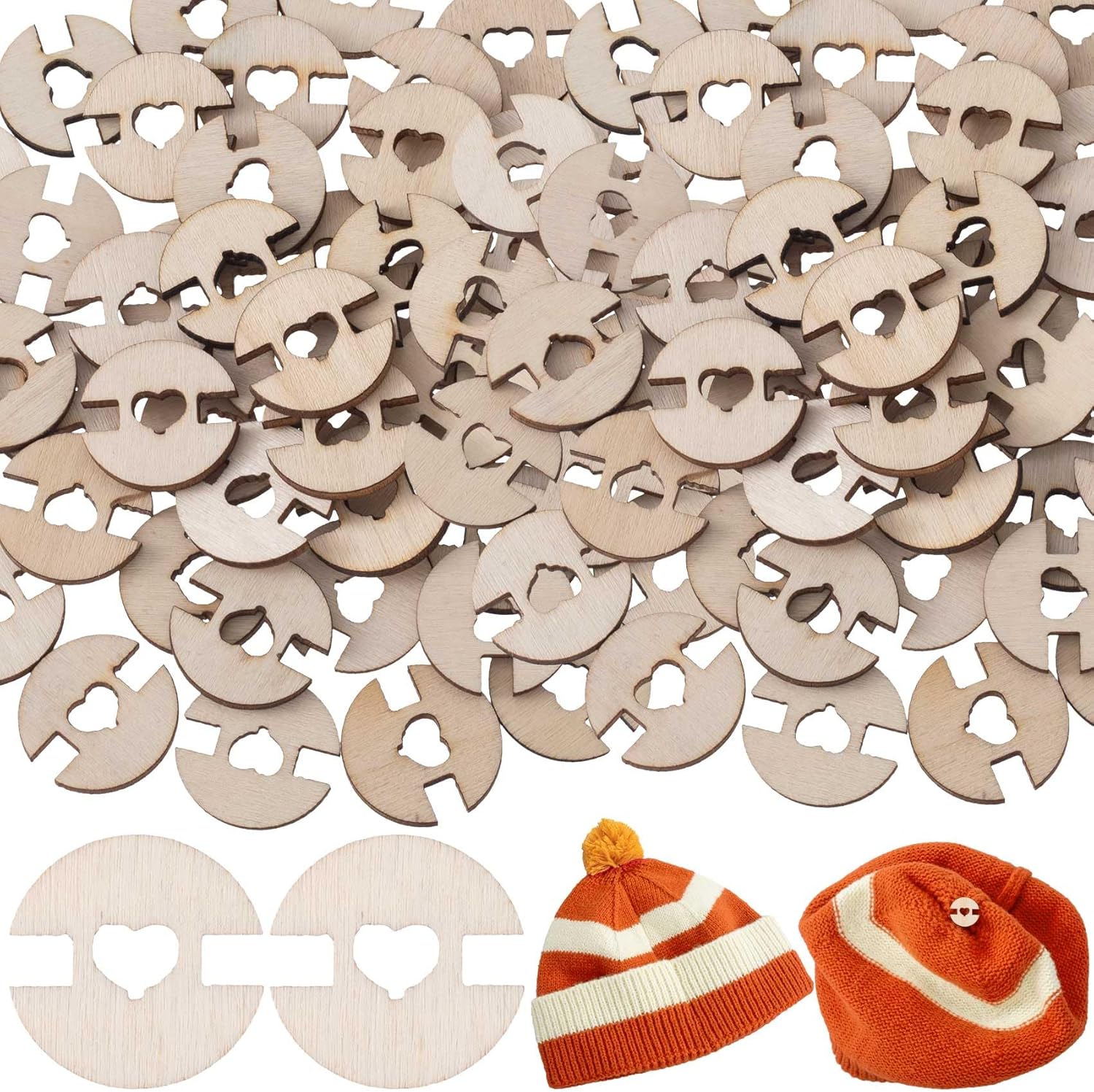 50pcs 20mm Wooden Pom Pom Buttons, Removable Pompom Keepers Holder with Heart Hole, Knitted Hat Faux Fur Love Buttons Fastener Tools for Crochet Toques Beanies Hats- Light Brown - Image 1