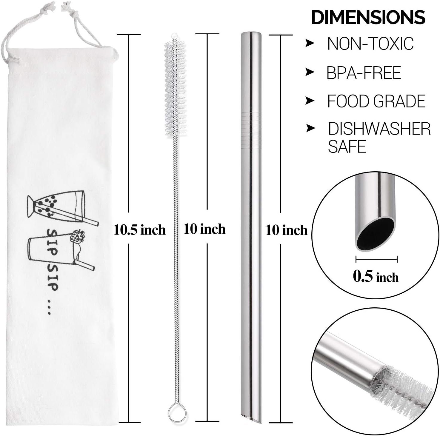 [Angled Tips] 2 Pcs Jumbo Reusable Bubble Tea Straws & Smoothie Straws, 0.5