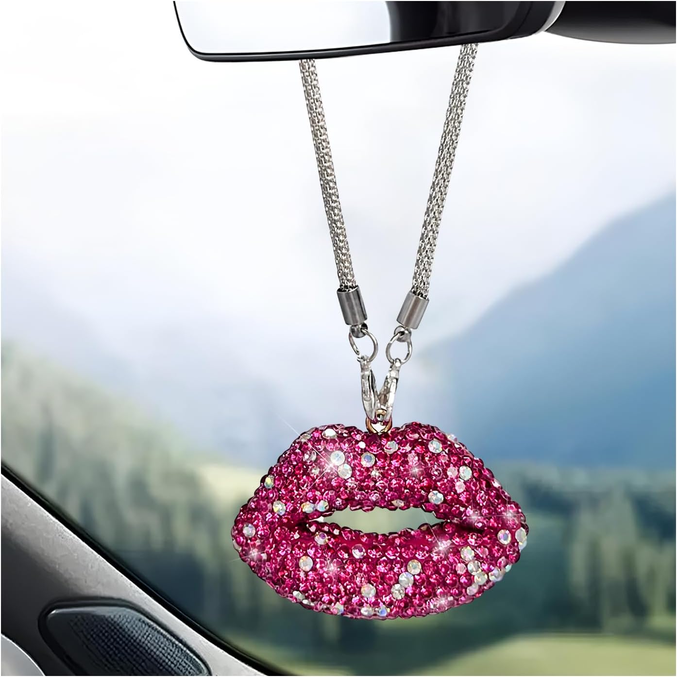 Bling Lip Car Rear View Mirror Charm, Personalized Rhinestone Lip Pendant for Car Rear View Mirror, Lips Vehicle Interior Decor Hanging with Chain for Women (Magenta) - Image 1