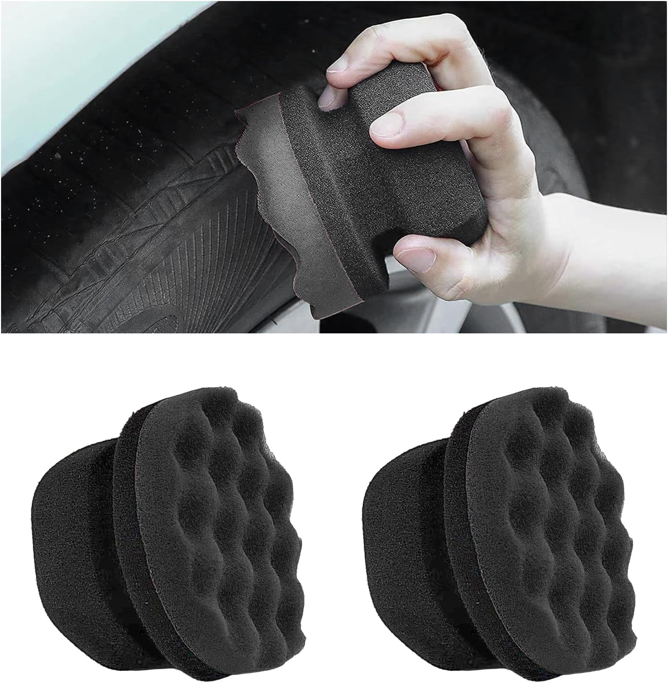 2 PCS Tire Dressing Applicator Pads, Reusable Hex Grip Tire Shine Applicator Polishing Sponge Pads, Wheel Tire Shine Detailing Foam for Most Vehicles, Car Accessories (Black, 3.15