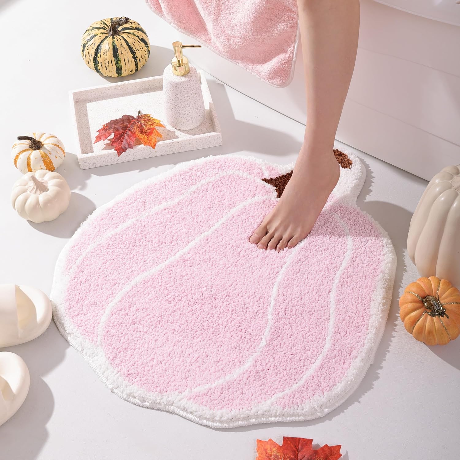 Bathroom Rugs Halloween Pink Rug Cute Pumpkin Bath Mat for Living Room, Bedroom Small Fluffy Washable Rug Non Slip Bath Mats Thanksgiving Door Mat Autumn - Image 3