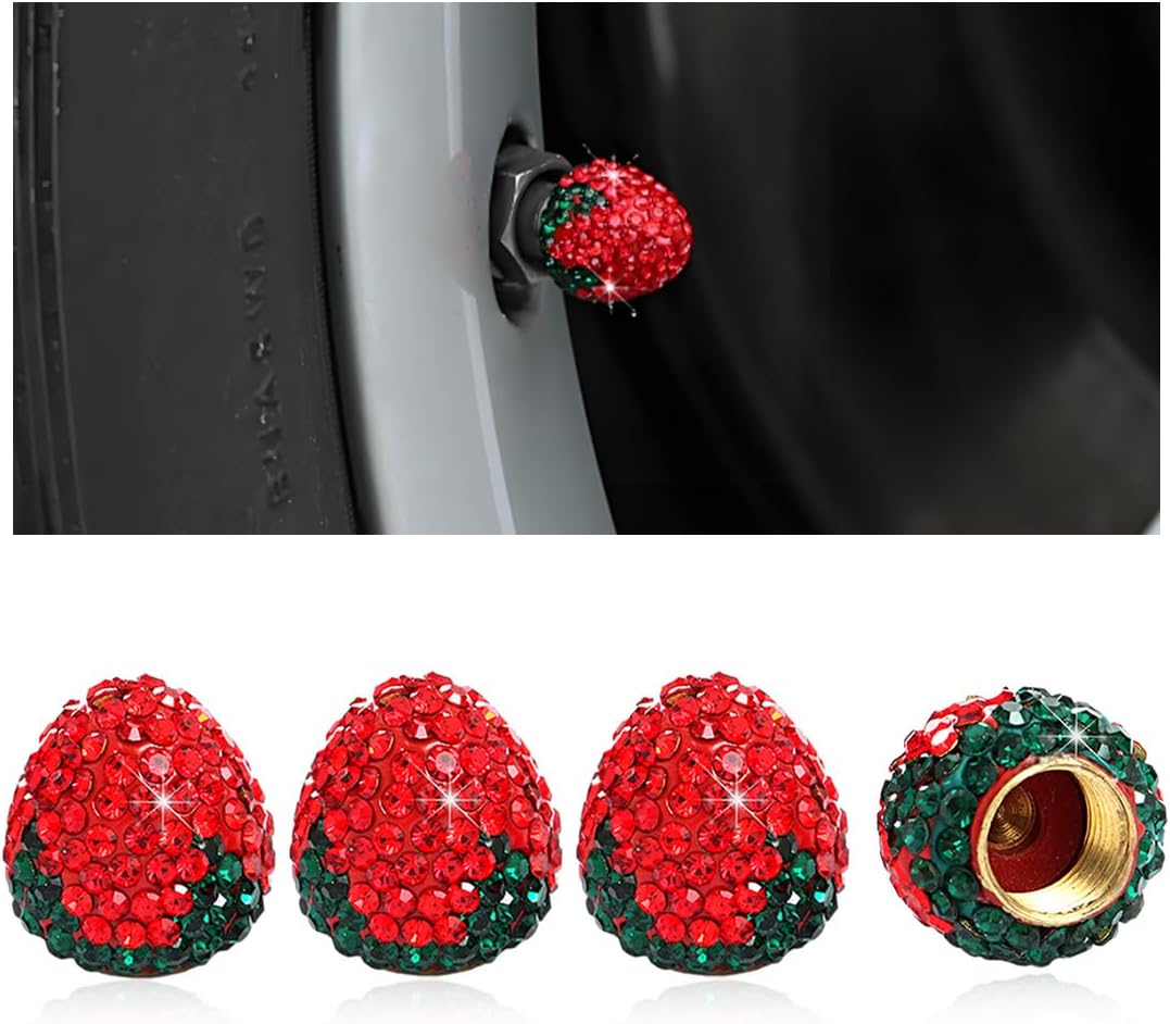 4PCS Strawberry Car Tire Valve Stem Caps, Cute Sparkling Rhinestone Dustproof Wheel Valve Stem Cover, Bling Strawberry Tire Valve Air Cap Cover for Car Truck SUV Motorcycle (Red) - Image 1