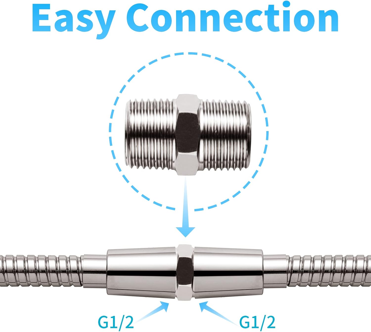 Shower Hose Extension Connector, 1/2 to 1/2 Shower Hose Extender Fitting Extra Long Joint, Used to Connect Two Hoses, Solid Stainless Steel, 1 PCS - Image 2