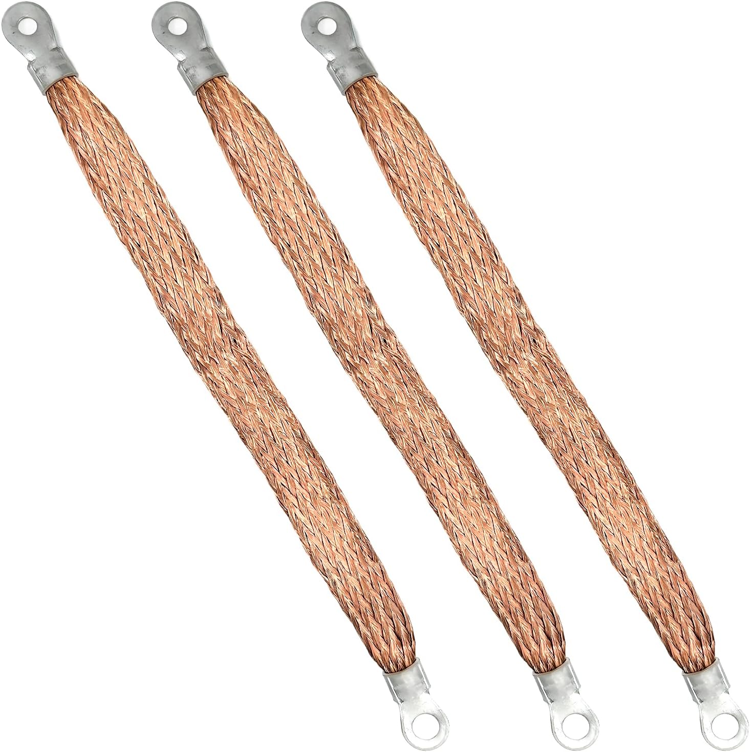 3PCS Automotive Ground Strap, Flat Braided Copper Grounding Cable Straps with Terminal Plugs, Universal Flexible Tinned Copper Braided Engine Ground Straps for Most Cars (3 PCS) - Image 1
