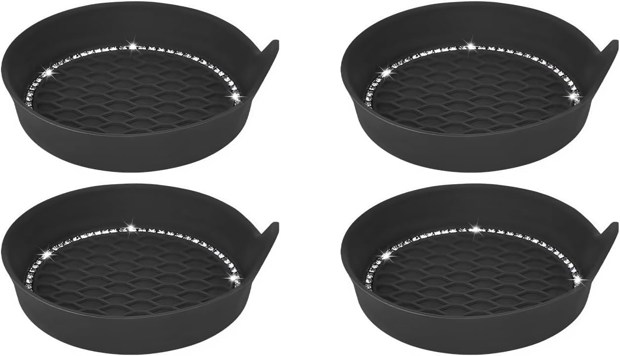 4 PCS Bling Car Cup Holder Coaster, Non-Slip Silicone Auto Drink Mat Crystal Rhinestone Insert Coasters, Shockproof Round Shape Cup Mats Fashion Decor for Most Vehicles (Black) - Image 1