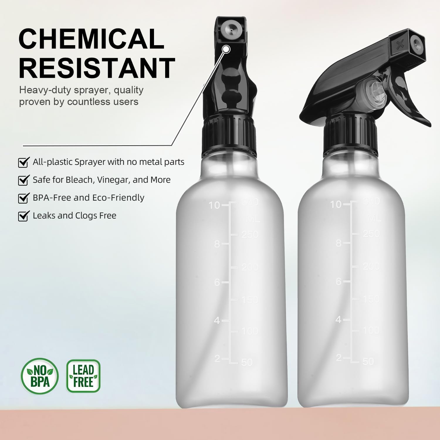 Spray Bottles 2 Pack, 10 Oz, Mist & Stream, Heavy Duty Spraying Empty Water Sprayer Bottle, BPA Free Plastic Refillable Containers for Cleaning Solutions, Planting, Hair with Measurement - Image 2