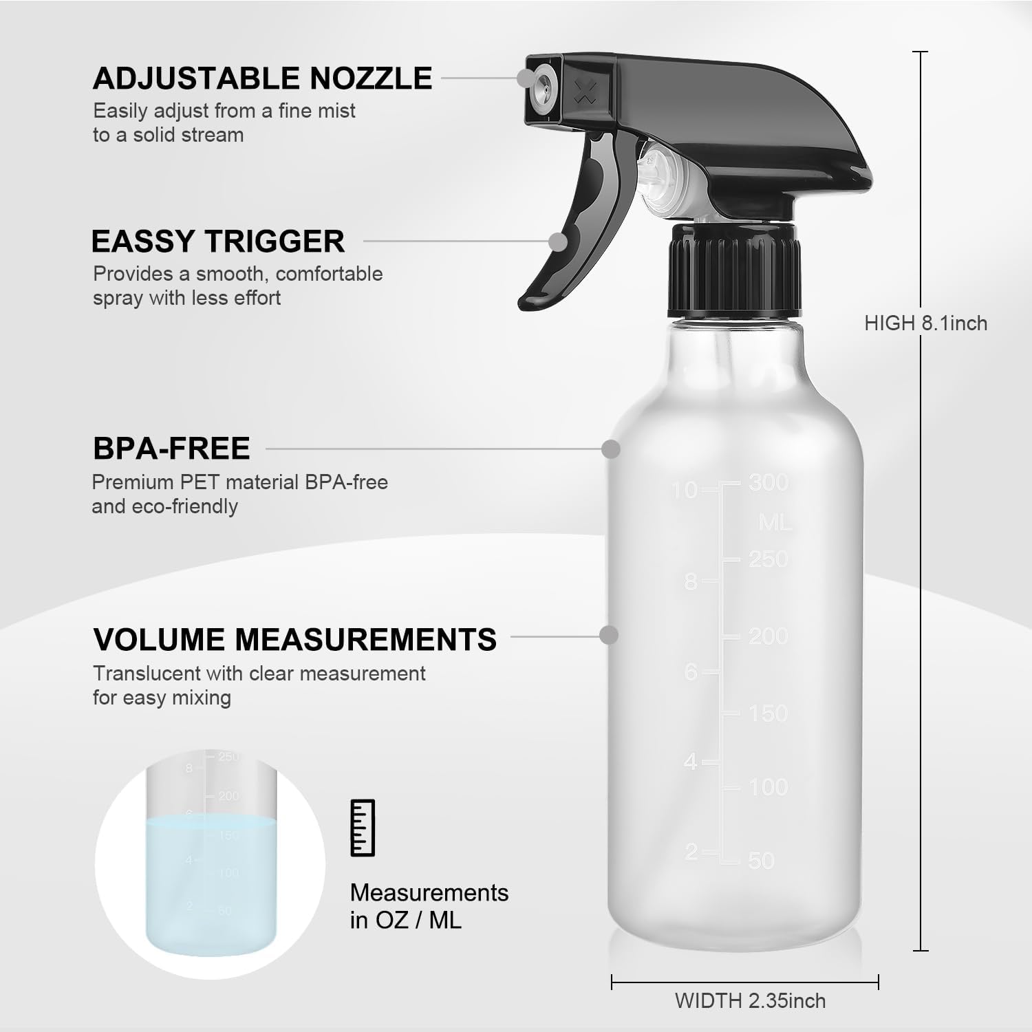 Spray Bottles 2 Pack, 10 Oz, Mist & Stream, Heavy Duty Spraying Empty Water Sprayer Bottle, BPA Free Plastic Refillable Containers for Cleaning Solutions, Planting, Hair with Measurement - Image 5