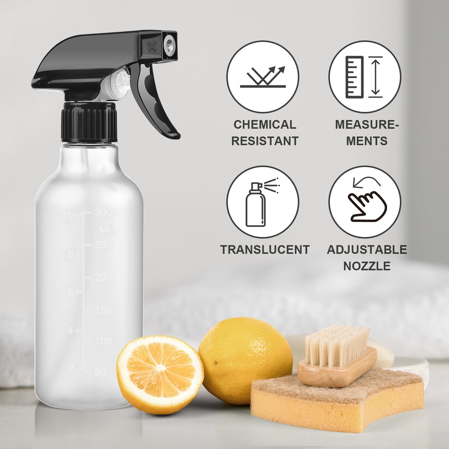 Spray Bottles 2 Pack, 10 Oz, Mist & Stream, Heavy Duty Spraying Empty Water Sprayer Bottle, BPA Free Plastic Refillable Containers for Cleaning Solutions, Planting, Hair with Measurement - Image 6