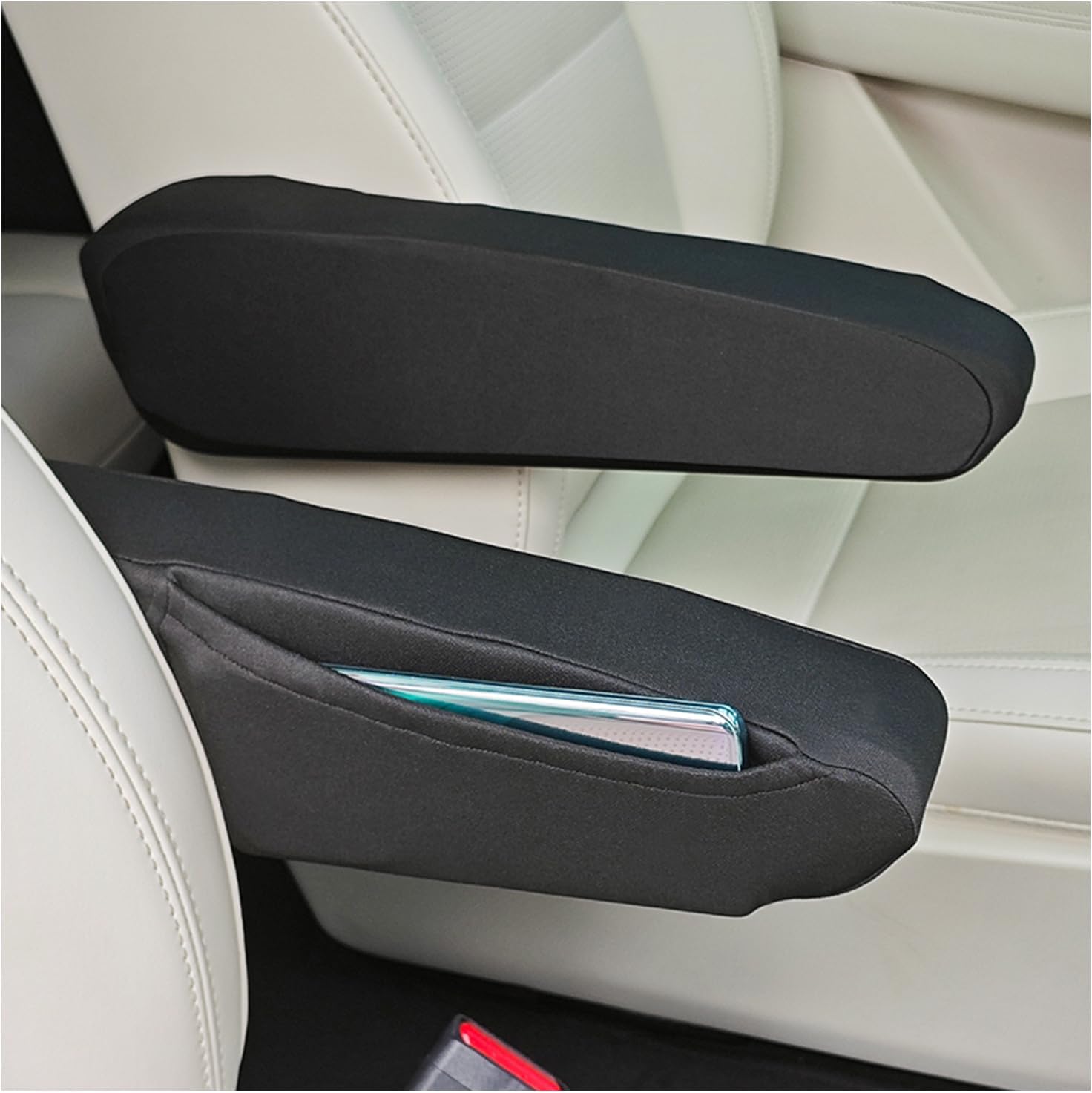 2PCS Arm Rest Cover for Car with Side Pocket,Breathable Cloth Fabric Car Armrest Covers for Armrests Protection,All Seasons Soft Armrest Cover for Cars Universal Cars Interior Accessories (Black) - Image 1