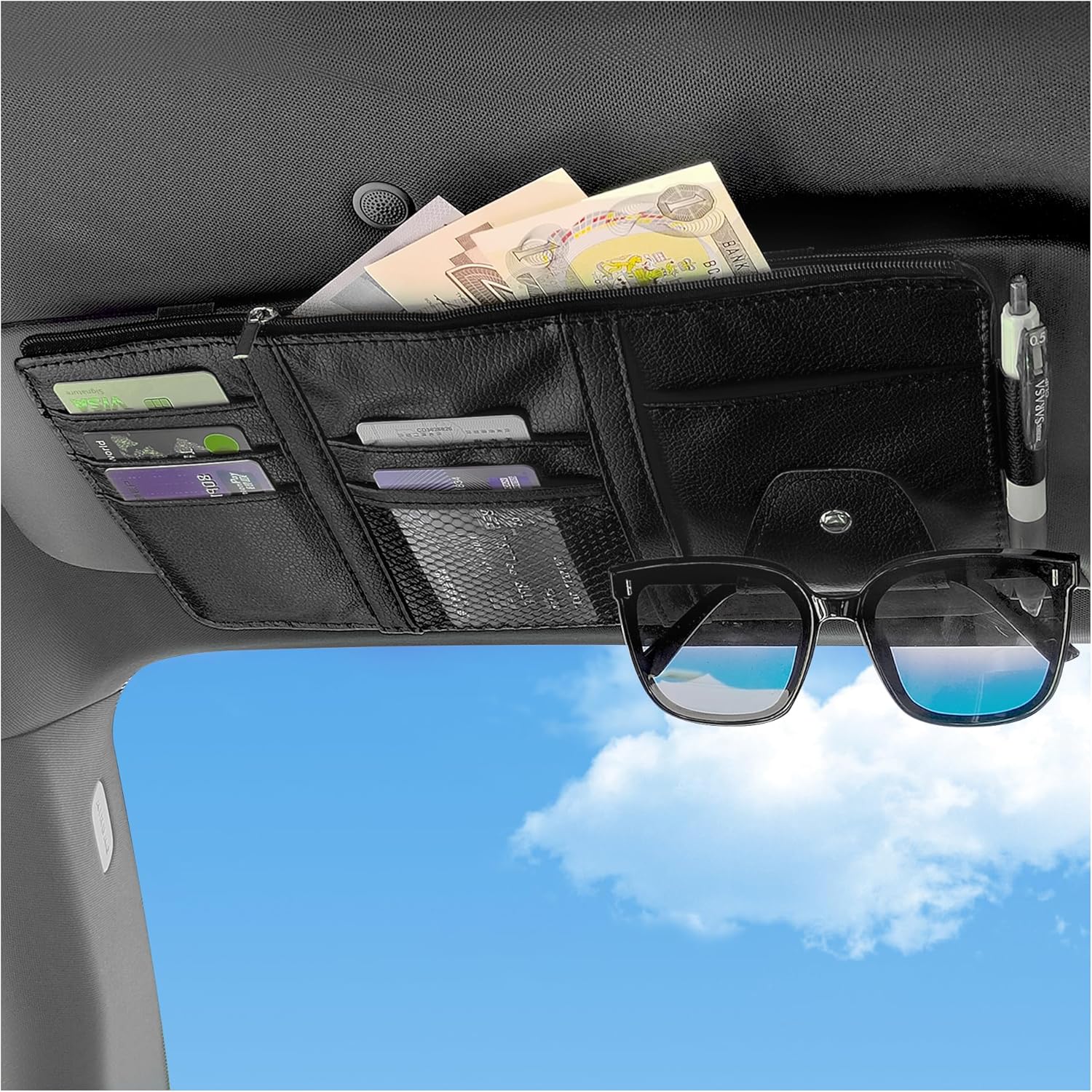 Car Visor Organizer with Sunglass Holder,Multi-Functional Car Sun Visor Organizer with Zipper for Cards,Money,Tickets,Leather Interior Accessories (Black) - Image 1