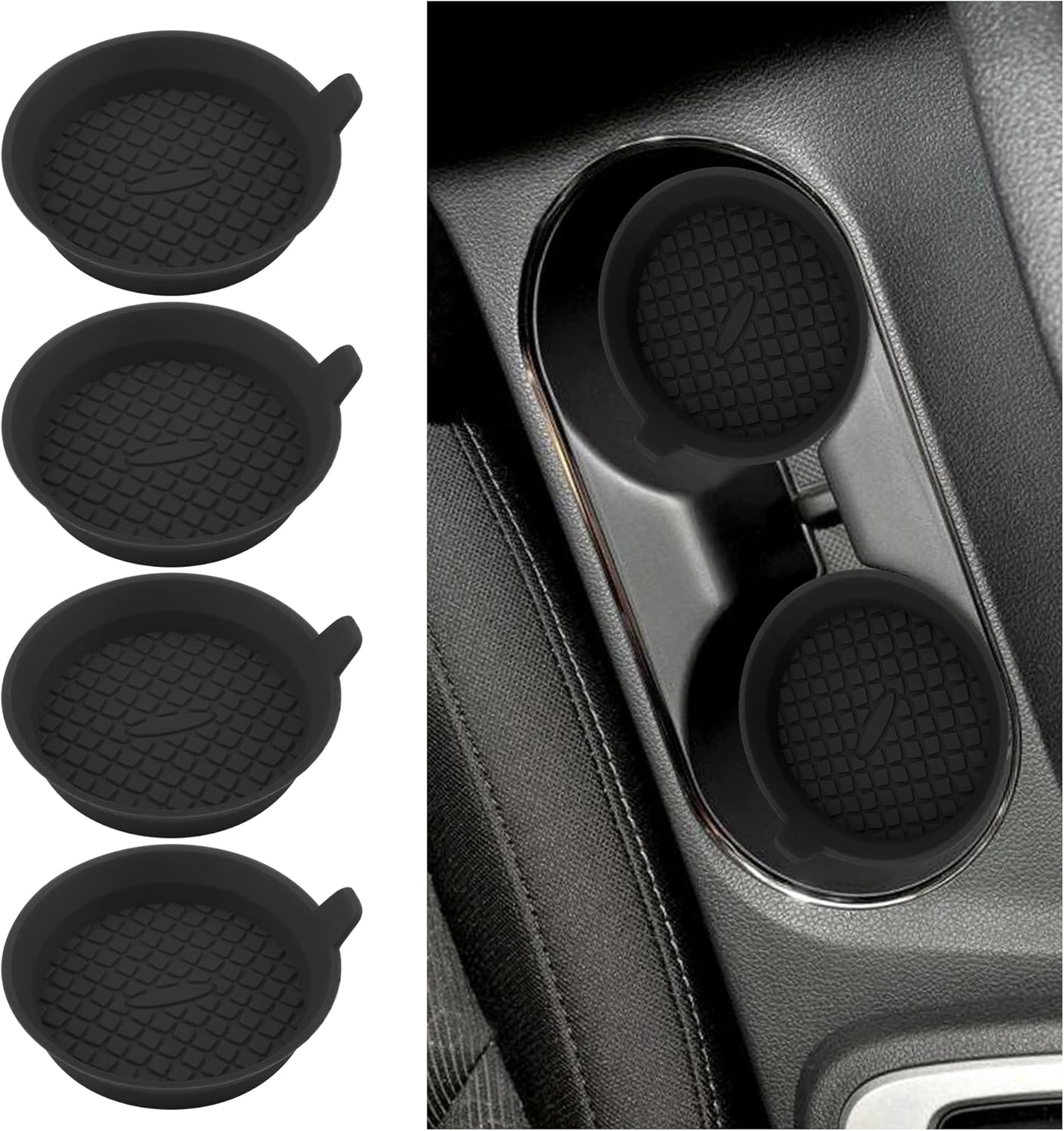 4PCS Silicone Car Coasters with Diamond Shape Design,Non-Slip & Heat Resistant Car Cup Holder Coaster,Universal Cup Holder Insert Car Interior Accessories for Women/Men (Black) - Image 1