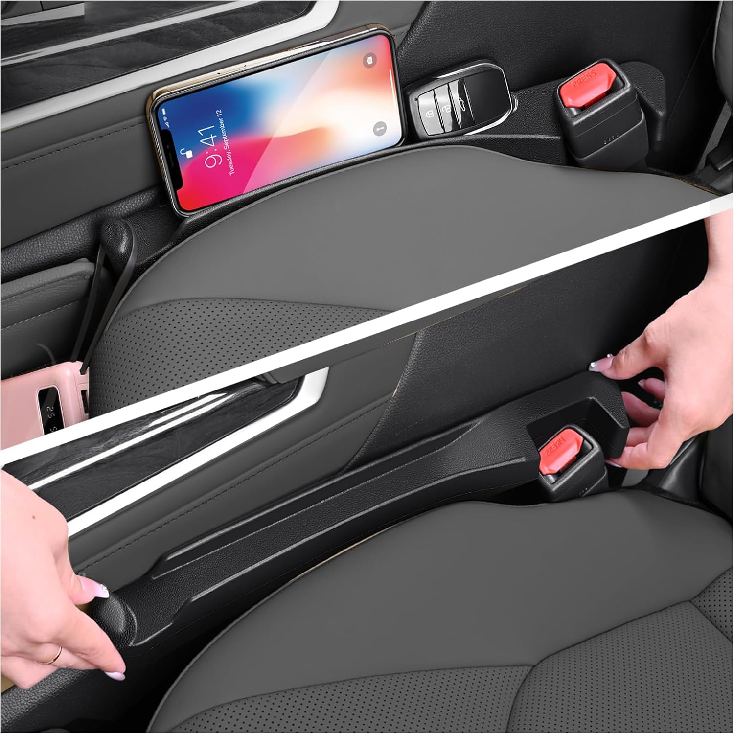 2-in-1 Upgraded Car Seat Gap Filler with Hook,2PCS Double Side Car Seat Gap Plug with Storage Slot,Universal in Between Cars Seats Catcher Cars Interior Accessories - Image 1