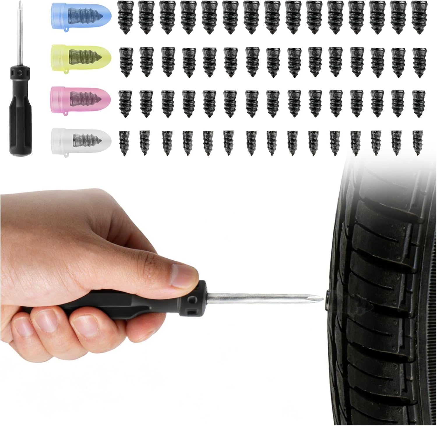 60PCS 4 Sizes Tire Repair Rubber Nail Kit,Quick Emergency Screw in Tire Plugs Kit for Tubeless Tyre,Self-Service Heavy Duty Flat Tires Repair Kits as Tires Repairs Tools - Image 1