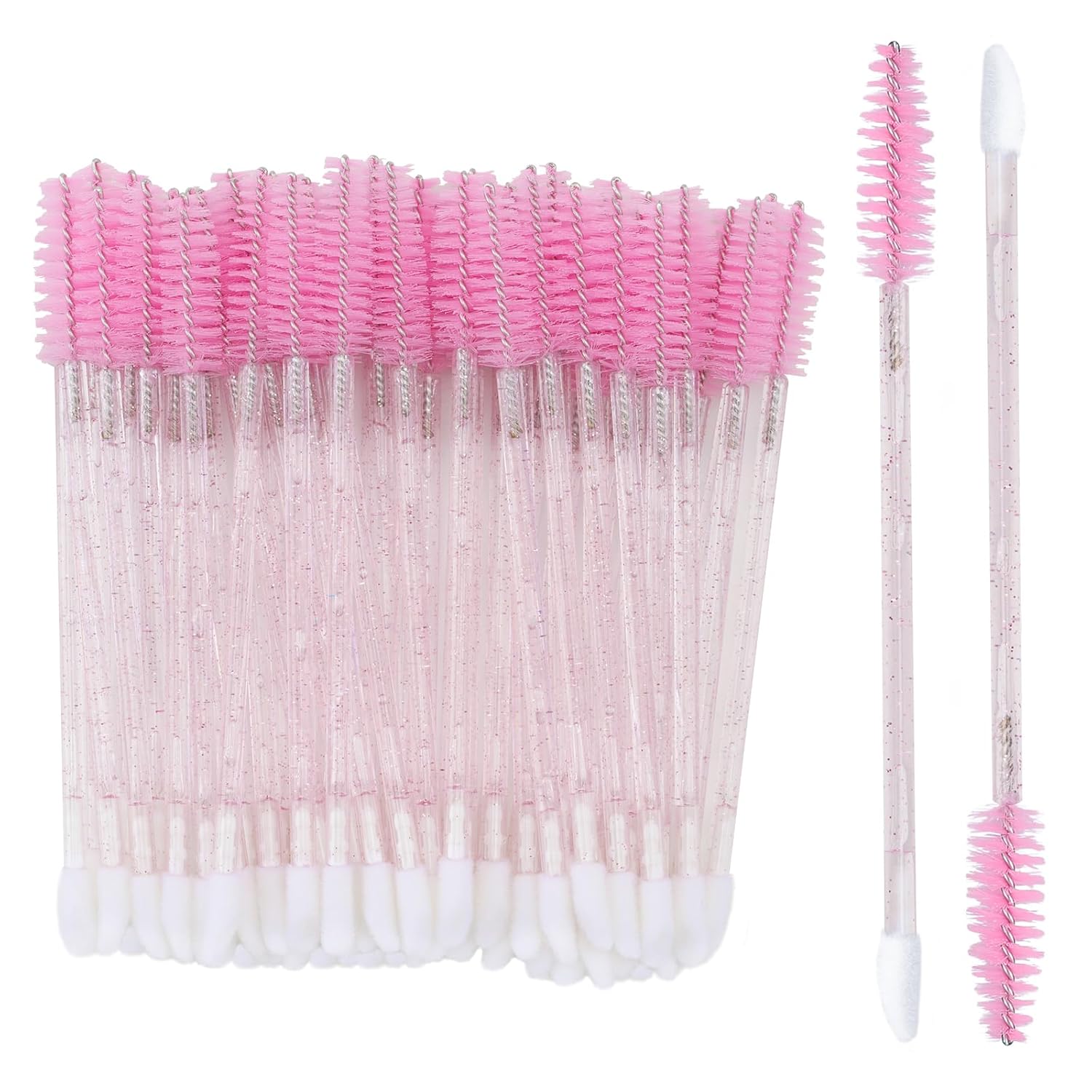 100pcs Eyelash Brush Lip Brush, Dual Ended Eyelash Extension Brush, Pink Mascara Wands and Lipstick Applicator, Portable Makeup Brush for Eyebrow, Lip Gloss and Lash Extension - Image 1