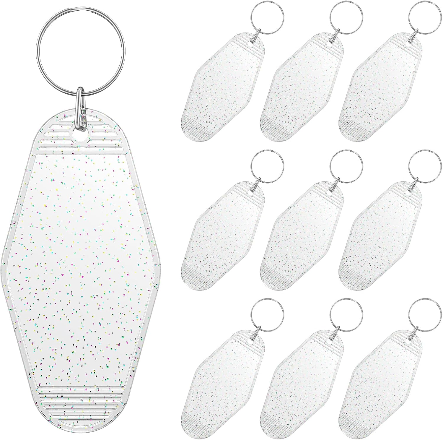 10 Pcs Modern Glitter Rhombus Keychain Tags, Clear Transparent Plastic Motel Keychains with Glitter & Key Rings, Customizable Luggage Tags & Room Labels - Image 1