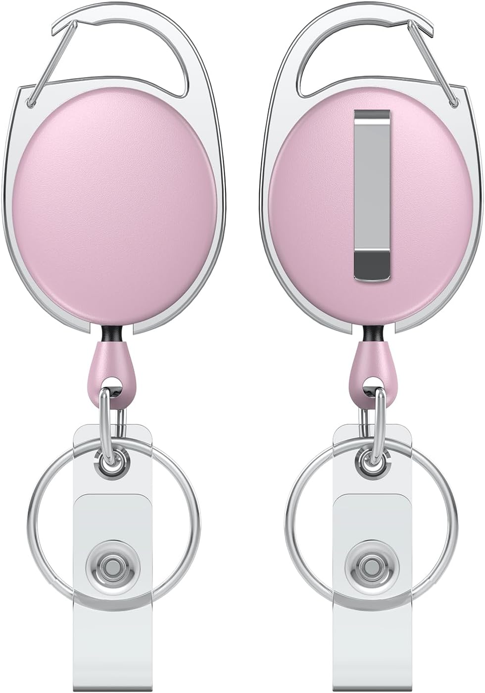 2 Pack Retractable Badge Reel for Badge Holder Pink Heavy Duty Retractable Keychain Strong ABS Casing with Stainless Steel Spring Coil 24 Inch Nylon Rope Carabiner Clip and Key Ring - Image 1