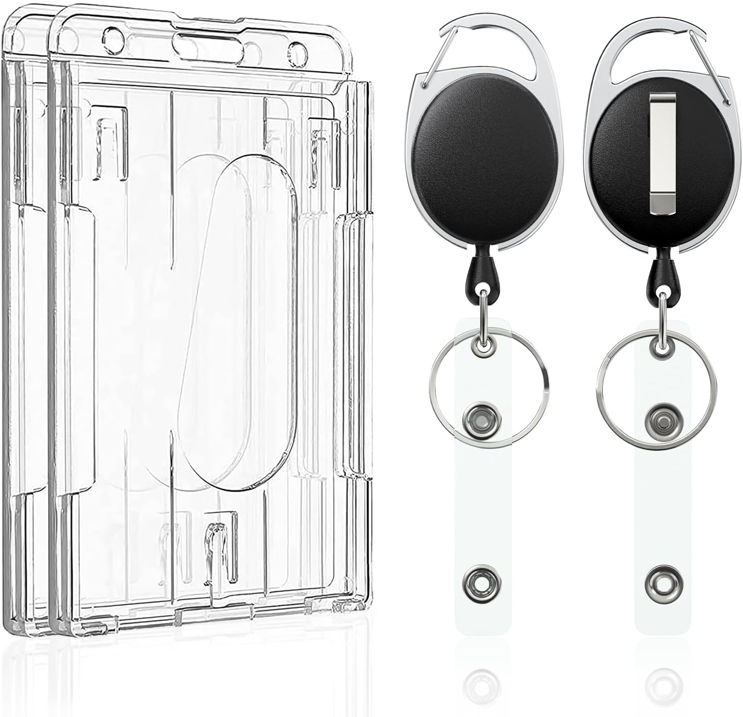 2 Pack Vertical 2-Card Badge Holder with Thumb Slots Hard Transparent PC Case Protector with Retractable Badge Reel Carabiner Clip for IDs Credit Cards Driver’s Licenses and Passes - Image 1
