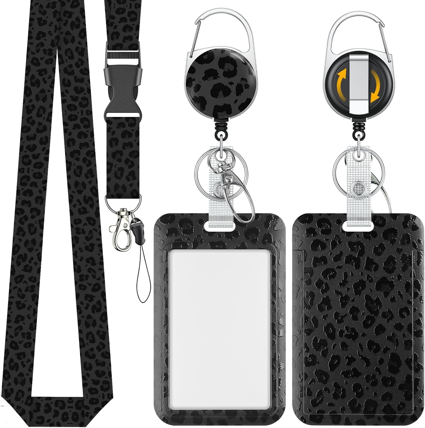 Fashionable Sliding Badge Holder Black Leopard Print Plastic Card Holder with Retractable Badge Reel Carabiner & Detachable Lanyard Vertical Card Protector for Office Worker Teacher Student - Image 1