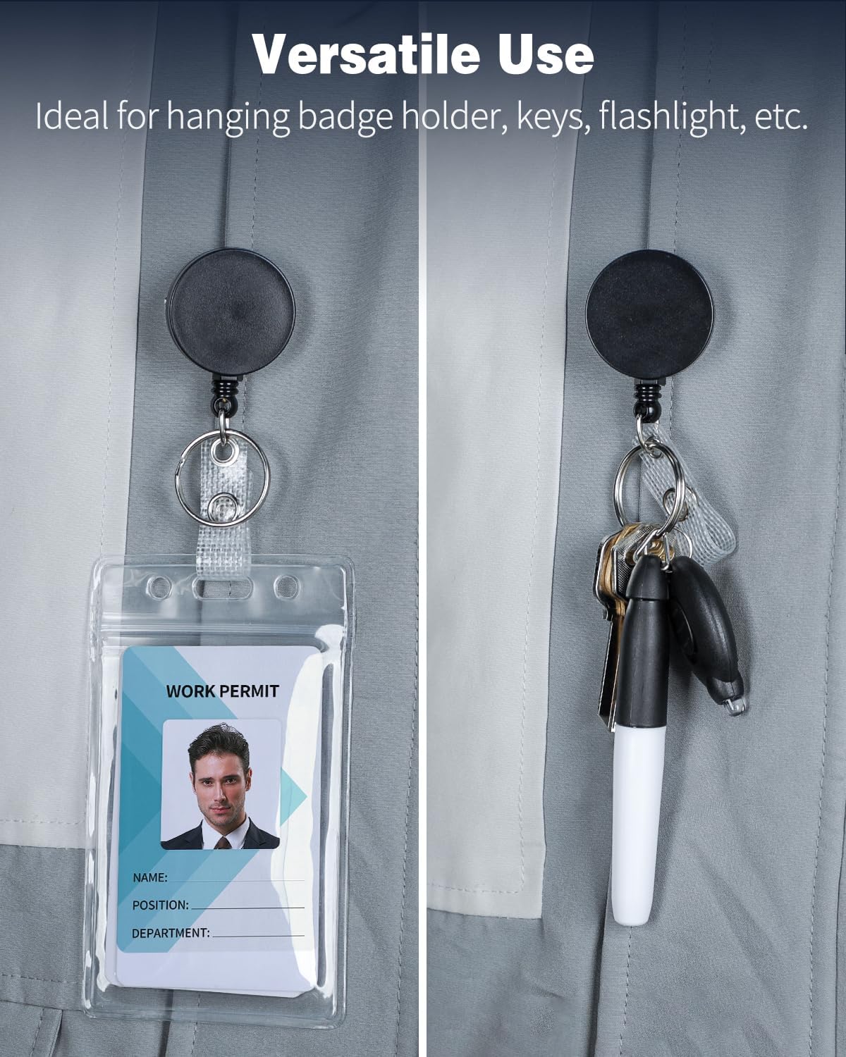 3 Pack Retractable Badge Reel with Swivel Alligator Clip Heavy Duty Retractable Keychain with Stainless Steel Spring Coil Strong ABS Casing with Waterproof Clear Badge Holder - Image 3