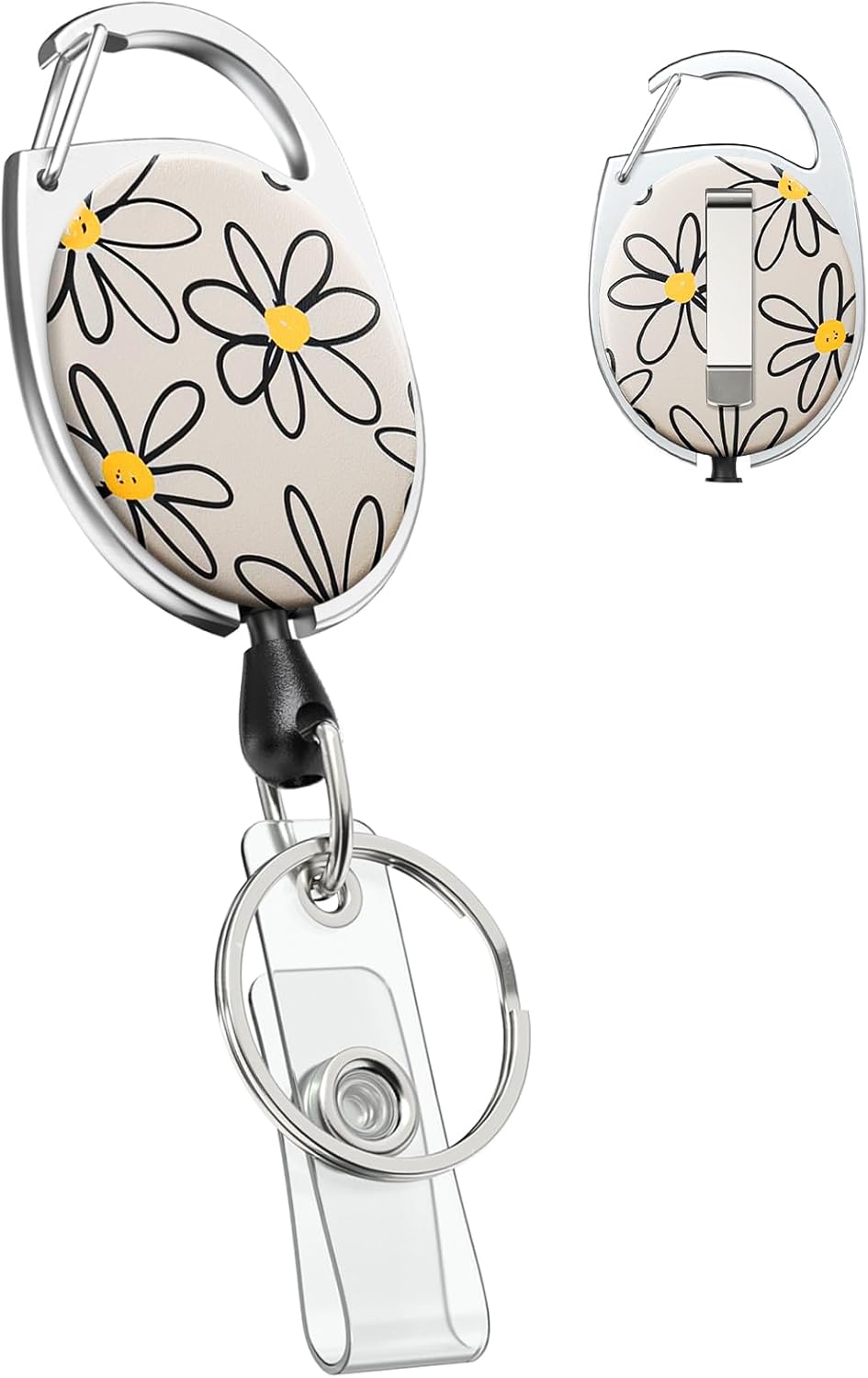 Floral Retractable Badge Reel for Badge Holder White Flower Heavy Duty Retractable Keychain Strong ABS Casing with Stainless Steel Spring Coil 24 Inch Nylon Rope Carabiner Clip and Key Ring - Image 1