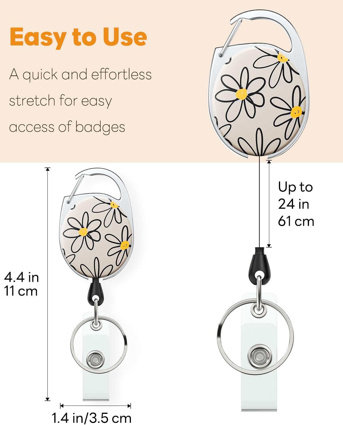 Floral Retractable Badge Reel for Badge Holder White Flower Heavy Duty Retractable Keychain Strong ABS Casing with Stainless Steel Spring Coil 24 Inch Nylon Rope Carabiner Clip and Key Ring - Image 2