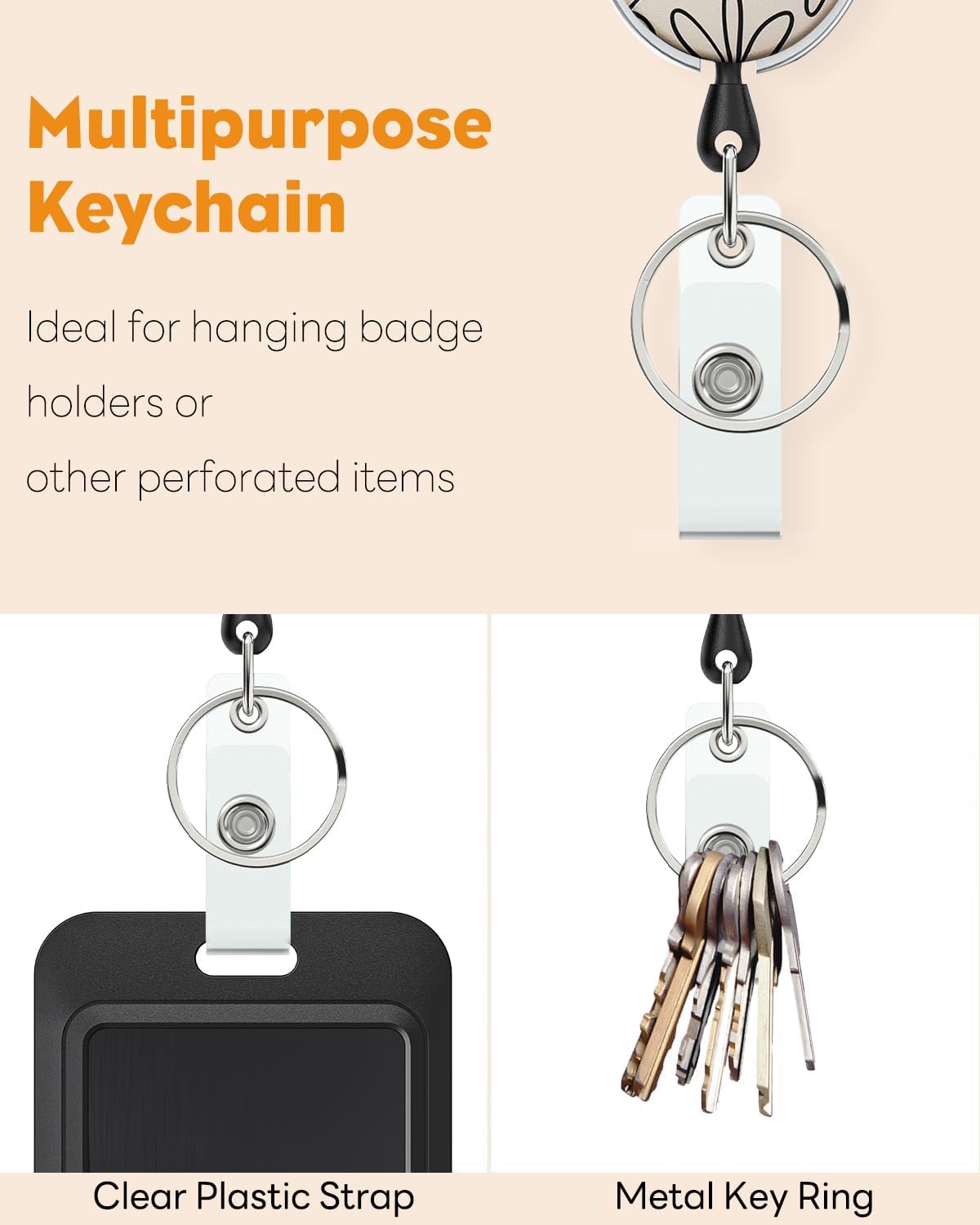 Floral Retractable Badge Reel for Badge Holder White Flower Heavy Duty Retractable Keychain Strong ABS Casing with Stainless Steel Spring Coil 24 Inch Nylon Rope Carabiner Clip and Key Ring - Image 3