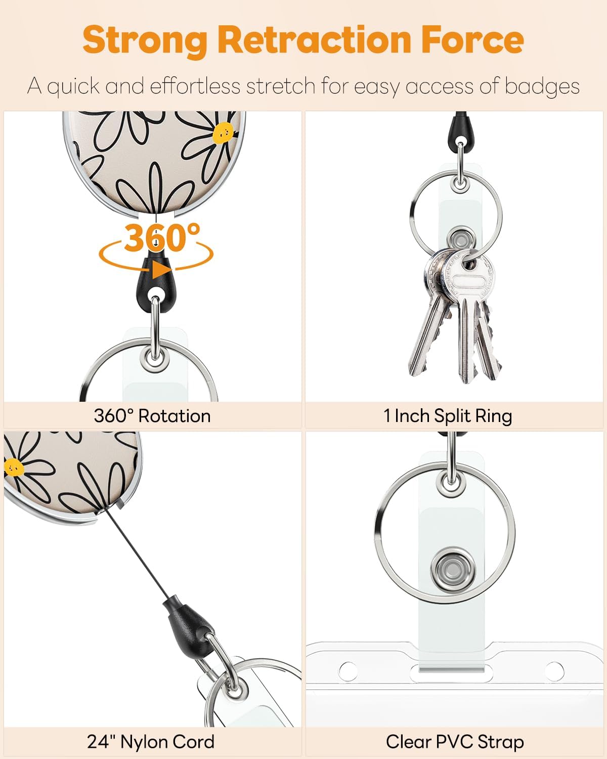 Floral Retractable Badge Reel for Badge Holder White Flower Heavy Duty Retractable Keychain Strong ABS Casing with Stainless Steel Spring Coil 24 Inch Nylon Rope Carabiner Clip and Key Ring - Image 4