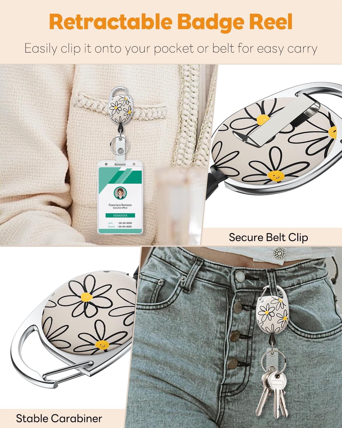 Floral Retractable Badge Reel for Badge Holder White Flower Heavy Duty Retractable Keychain Strong ABS Casing with Stainless Steel Spring Coil 24 Inch Nylon Rope Carabiner Clip and Key Ring - Image 5
