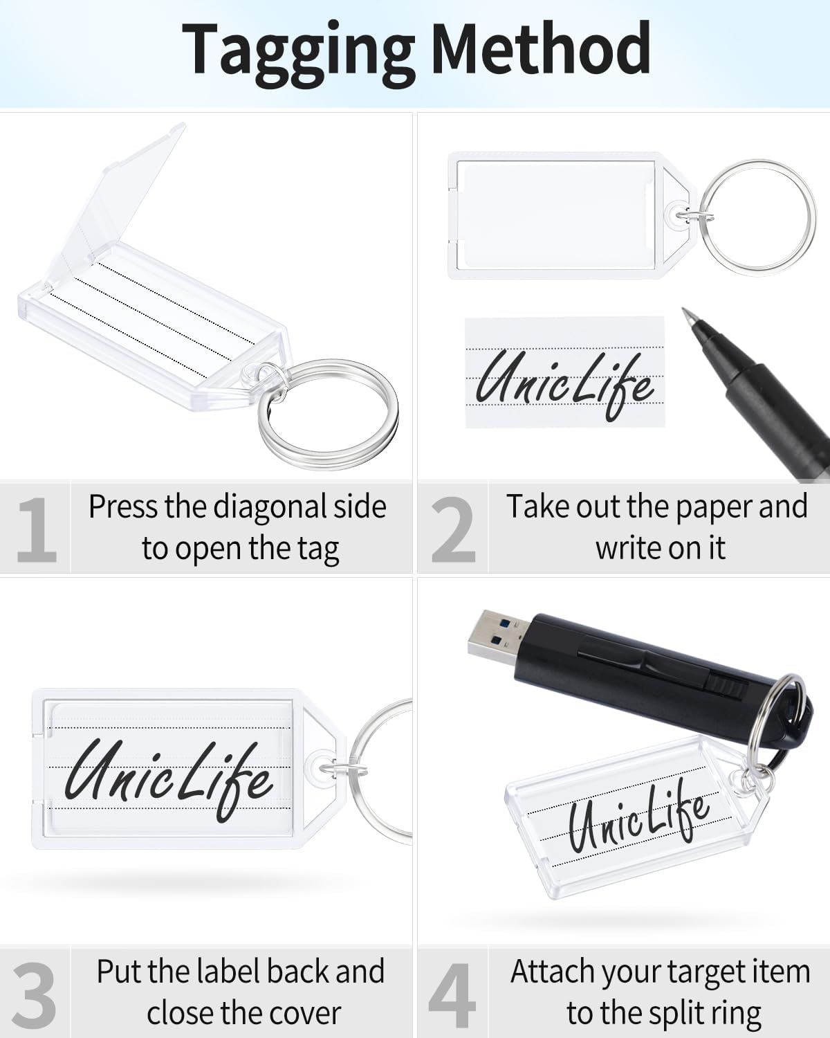 2 Inch Tough Plastic Key Tags White Item Identifiers with Blank Paper Labels Transparent Covers and Split Rings - Image 5
