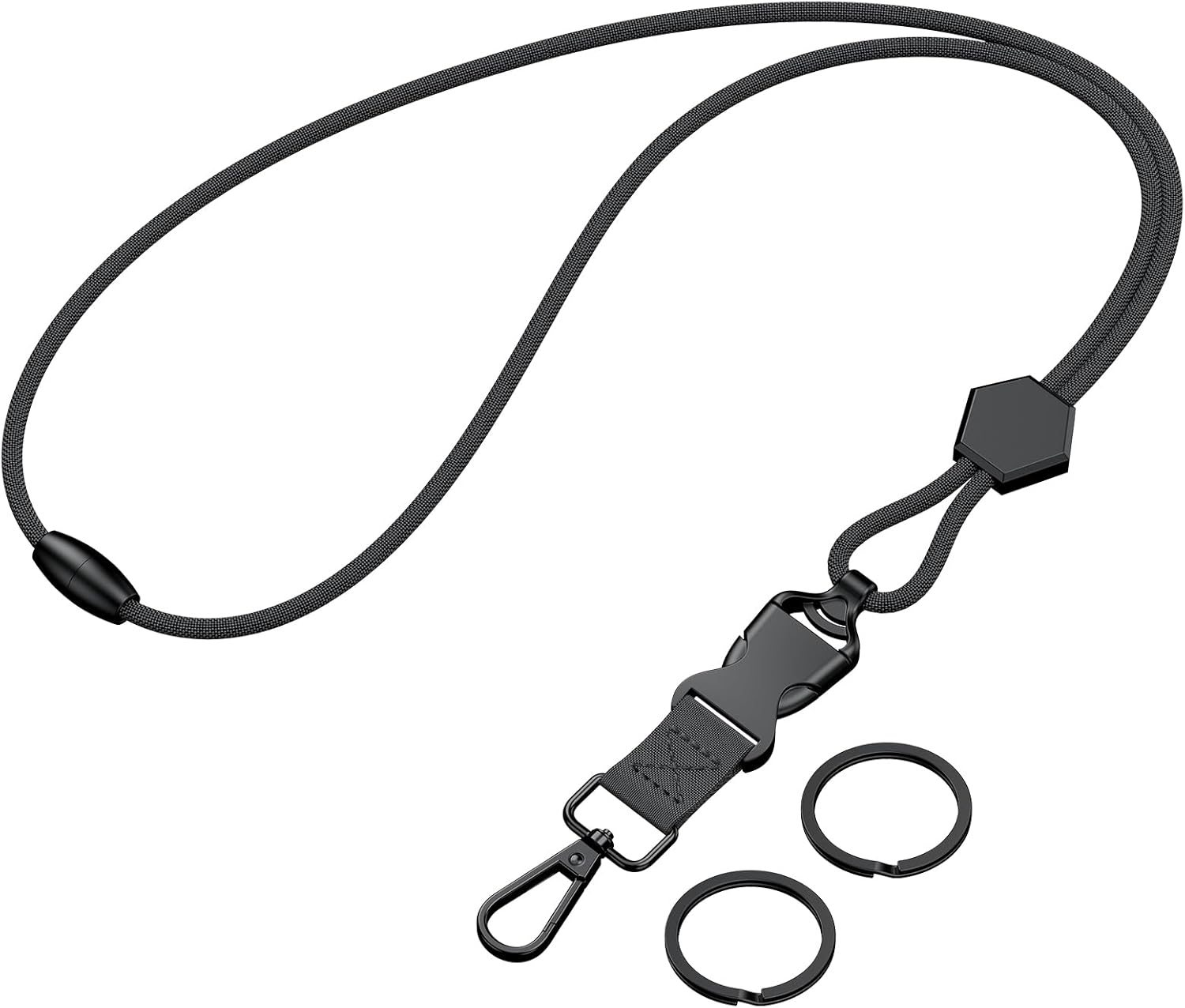 Breakaway Lanyard for ID Badges, Heavy Duty Neck Lanyard with Safety Breakaway Buckle Detachable Buckle Length Adjuster Swivel Hook & Key Rings, Adjustable Round Cord for Keys, Black - Image 1
