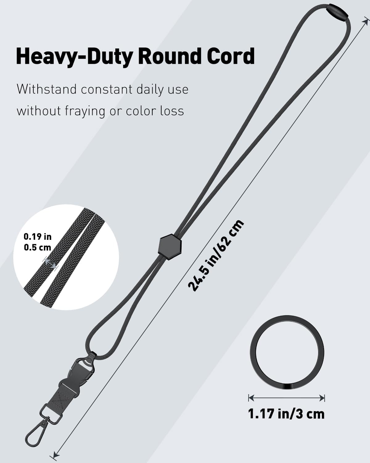 Breakaway Lanyard for ID Badges, Heavy Duty Neck Lanyard with Safety Breakaway Buckle Detachable Buckle Length Adjuster Swivel Hook & Key Rings, Adjustable Round Cord for Keys, Black - Image 2