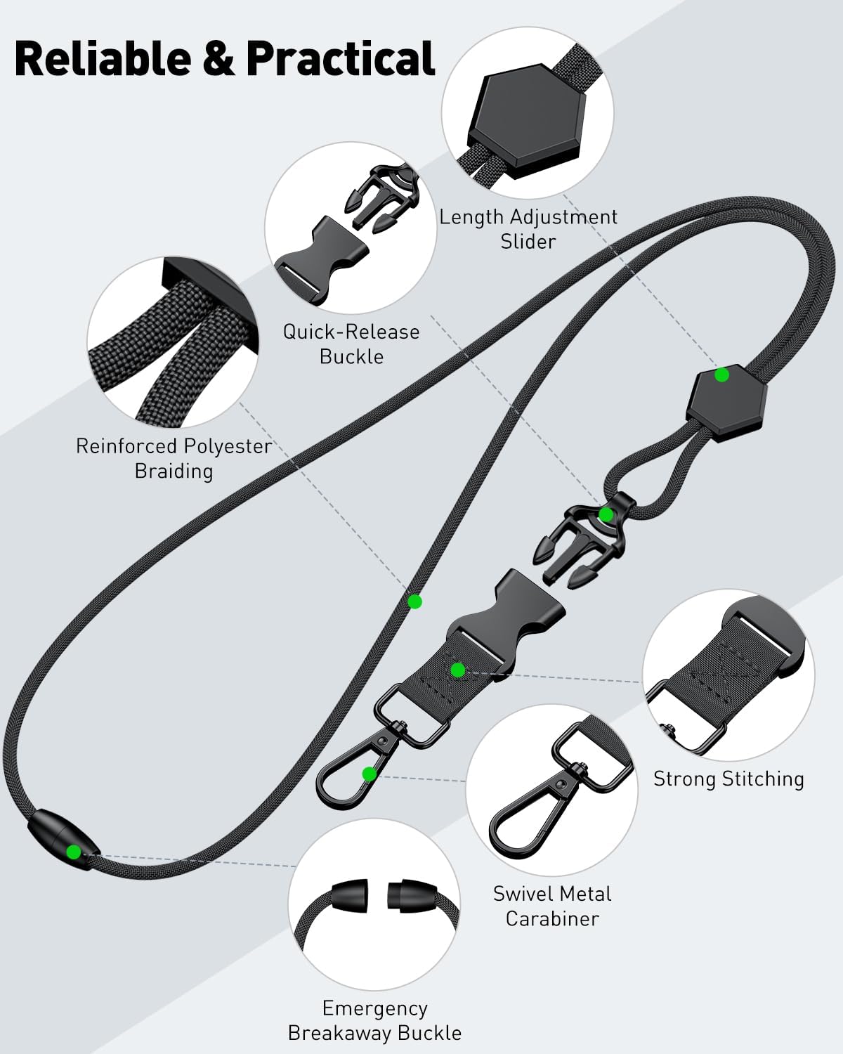 Breakaway Lanyard for ID Badges, Heavy Duty Neck Lanyard with Safety Breakaway Buckle Detachable Buckle Length Adjuster Swivel Hook & Key Rings, Adjustable Round Cord for Keys, Black - Image 3