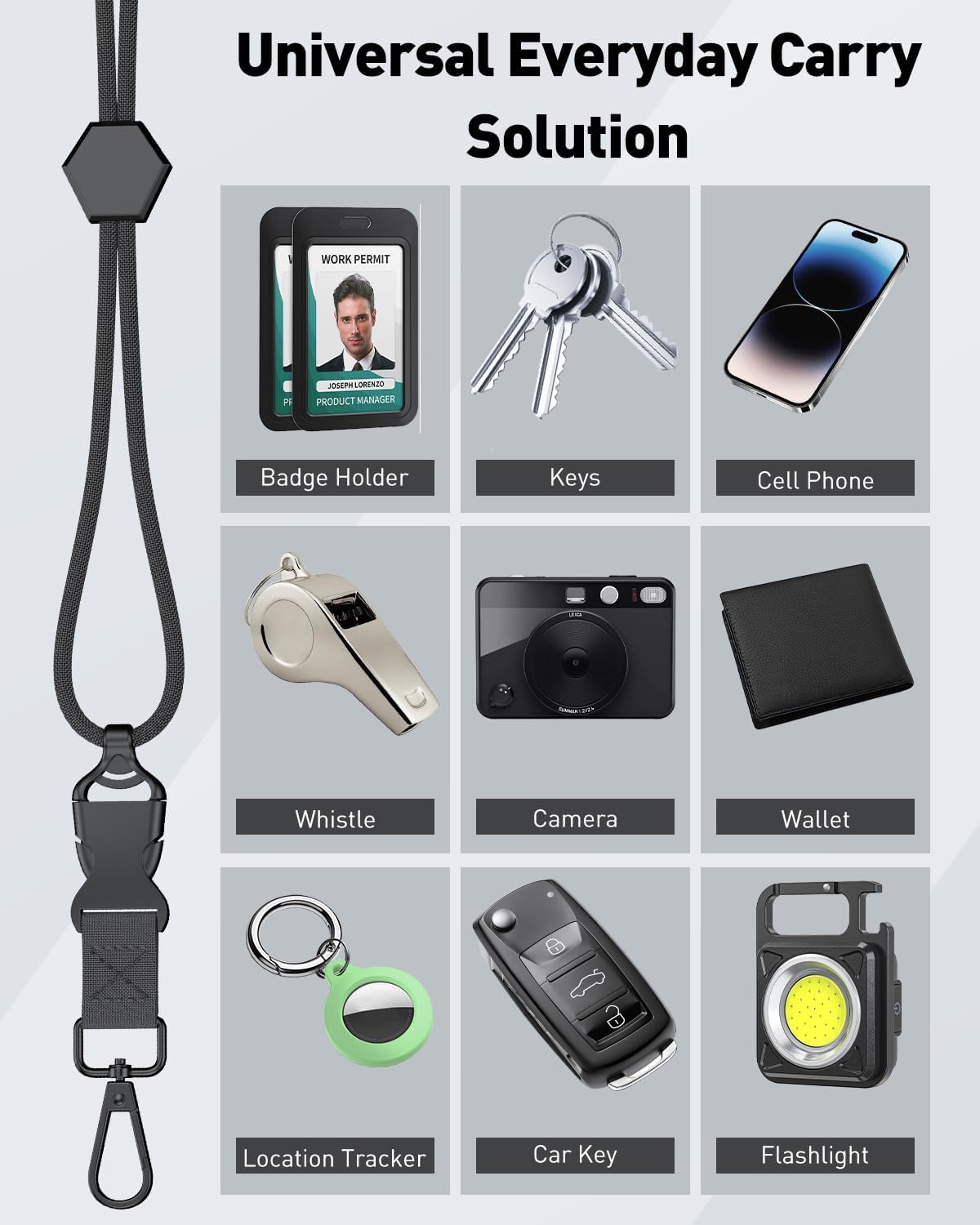 Breakaway Lanyard for ID Badges, Heavy Duty Neck Lanyard with Safety Breakaway Buckle Detachable Buckle Length Adjuster Swivel Hook & Key Rings, Adjustable Round Cord for Keys, Black - Image 5