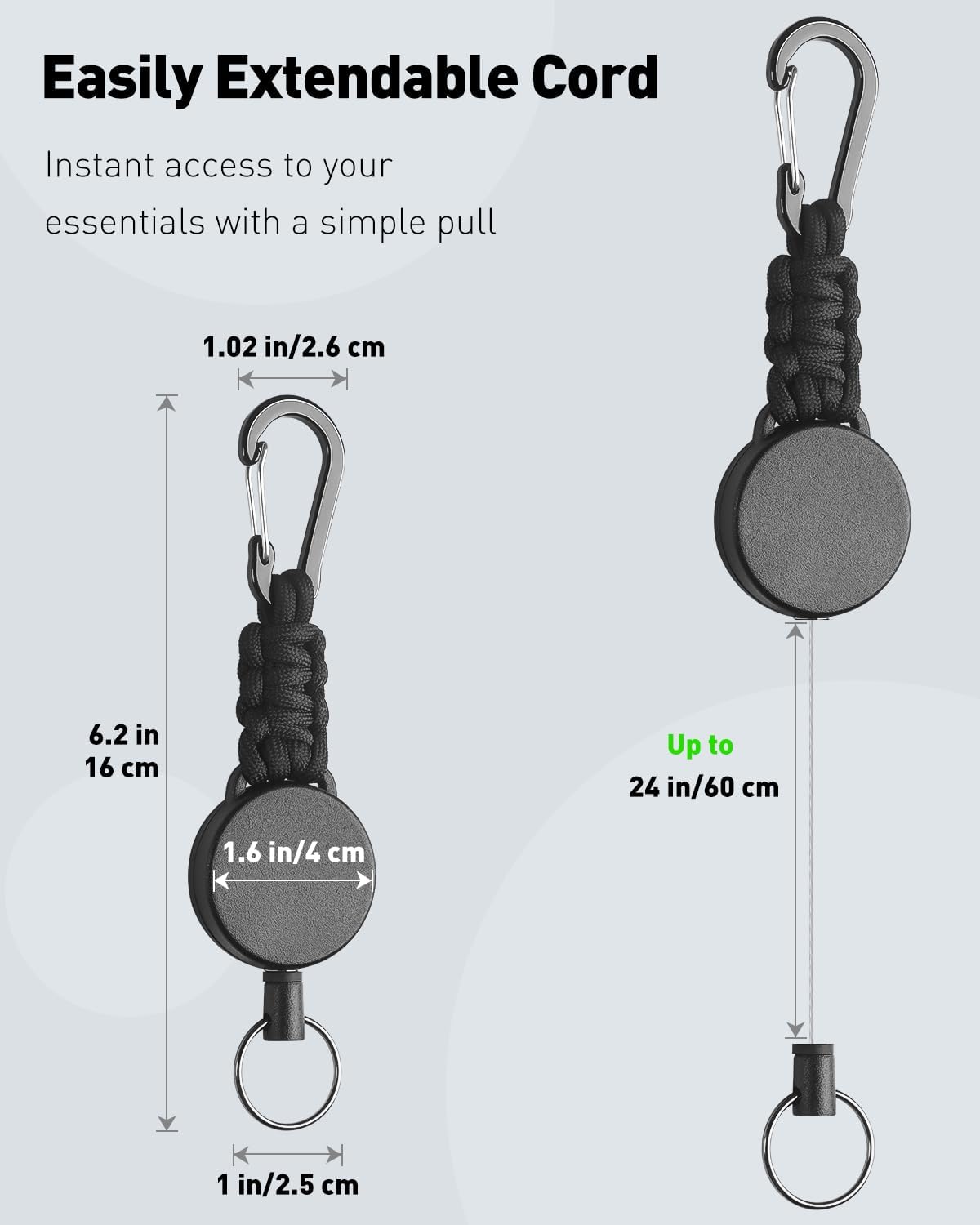 2 Pack Retractable Keychain, Retractable Key Holder, Heavy Duty Badge Reel for Keys and ID Card, Extendable Badge Holder Clip with Carabiner Paracord and Key Ring - Image 2