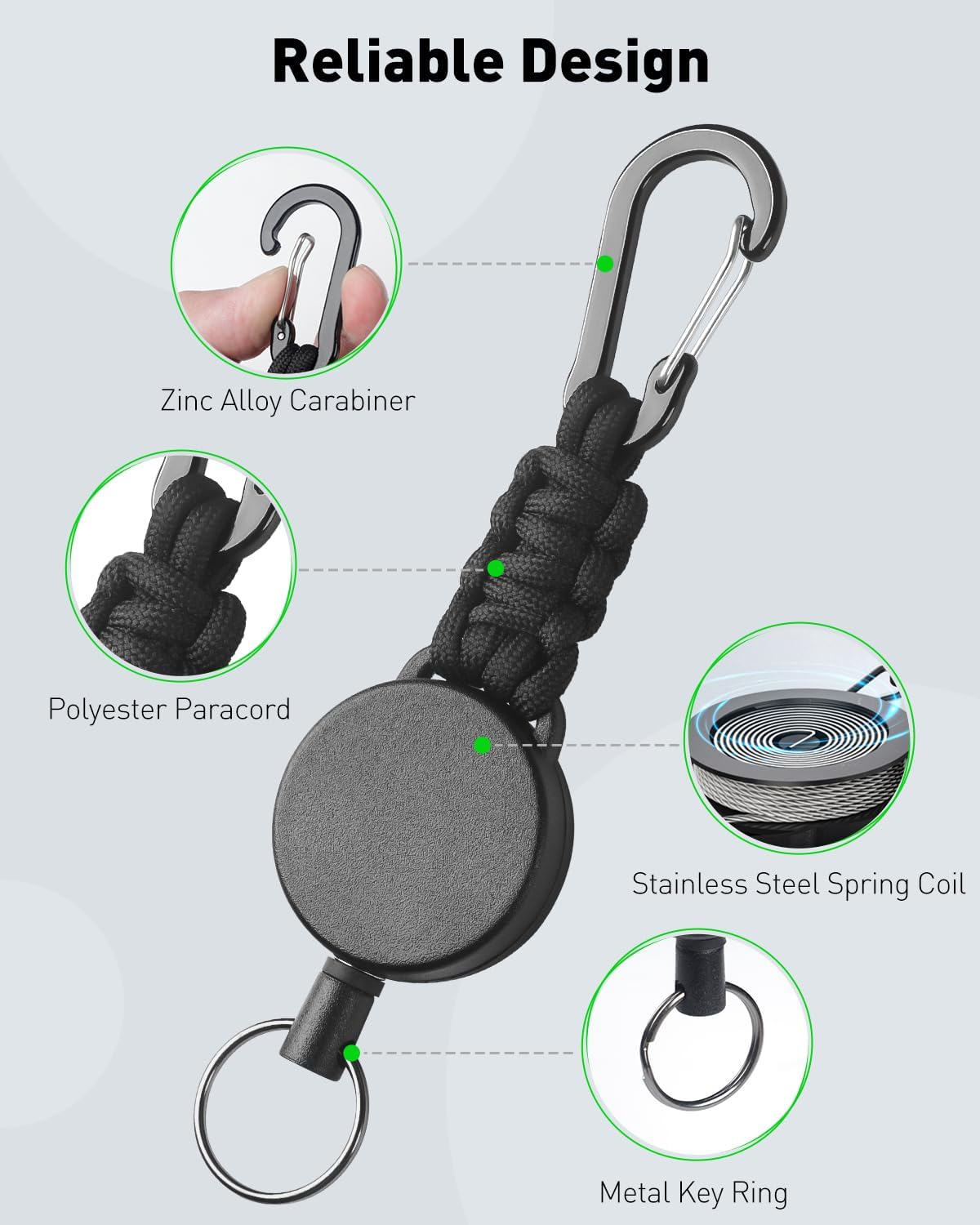 2 Pack Retractable Keychain, Retractable Key Holder, Heavy Duty Badge Reel for Keys and ID Card, Extendable Badge Holder Clip with Carabiner Paracord and Key Ring - Image 3