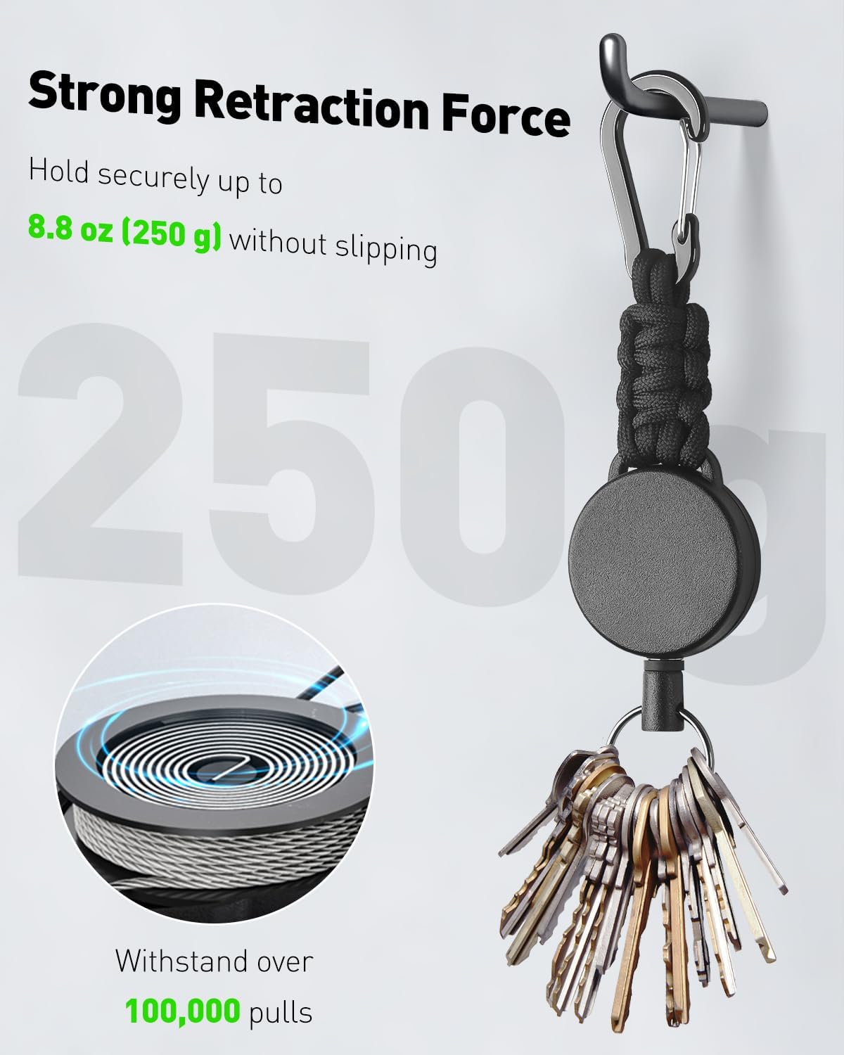 2 Pack Retractable Keychain, Retractable Key Holder, Heavy Duty Badge Reel for Keys and ID Card, Extendable Badge Holder Clip with Carabiner Paracord and Key Ring - Image 5