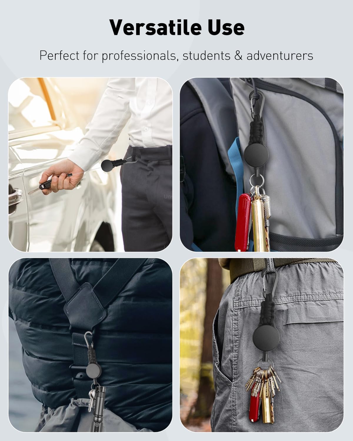2 Pack Retractable Keychain, Retractable Key Holder, Heavy Duty Badge Reel for Keys and ID Card, Extendable Badge Holder Clip with Carabiner Paracord and Key Ring - Image 7