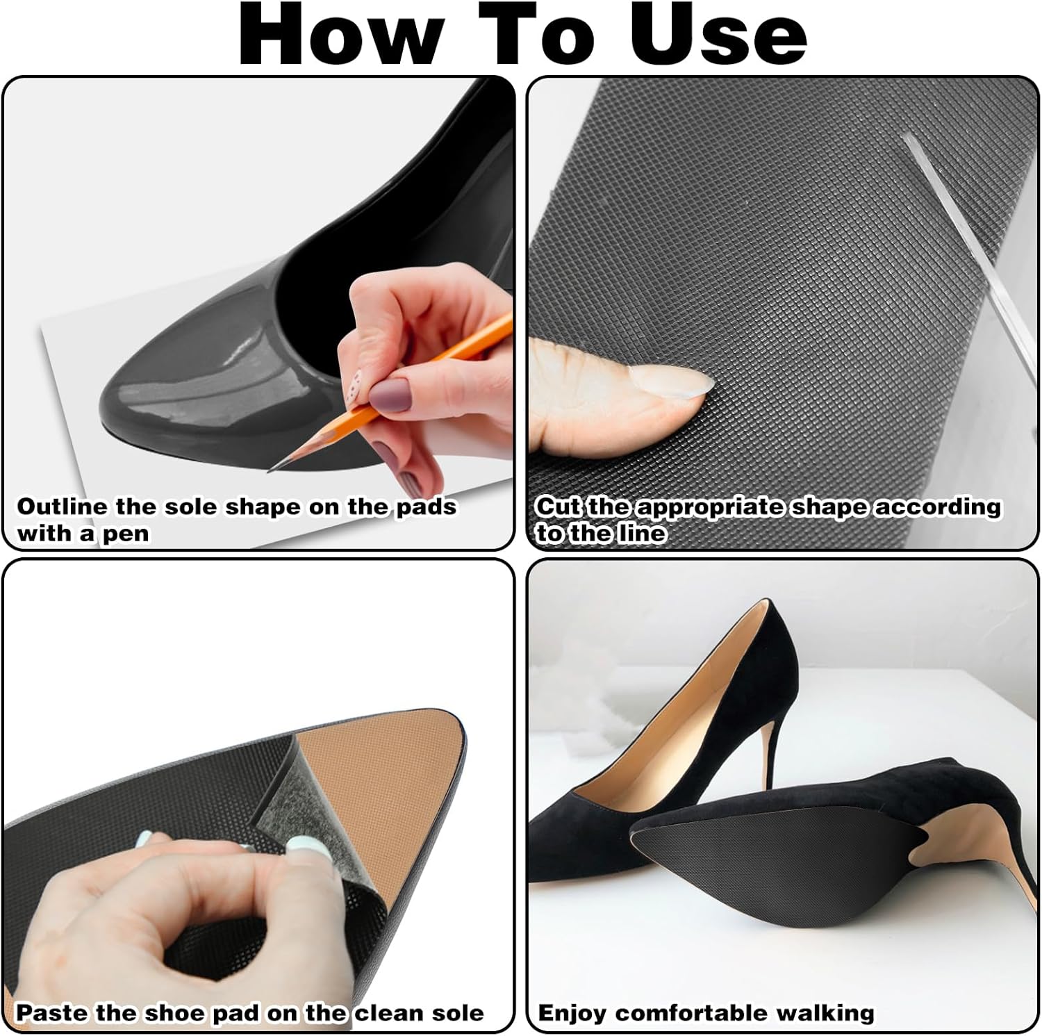 4Pcs Non-Slip Shoe Pads, Bottom Protector and Gummies for Heels, Anti-Slip Grips for Sneakers and Leather Shoes, Sole Repair Accessories (Black) - Image 3