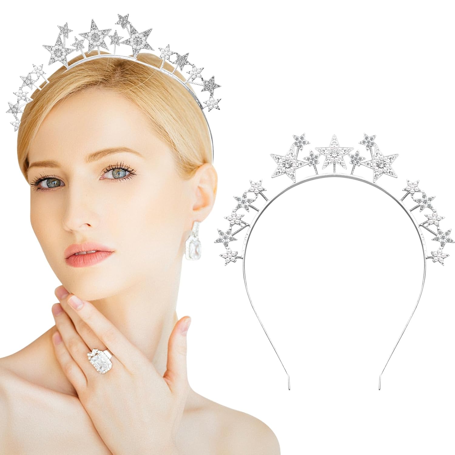 Star Halo Crown Silver Headpiece, Rhinestone Headband Tiaras and Crowns for Women and Girls, Party Wedding Festival Hair Accessories - Image 1