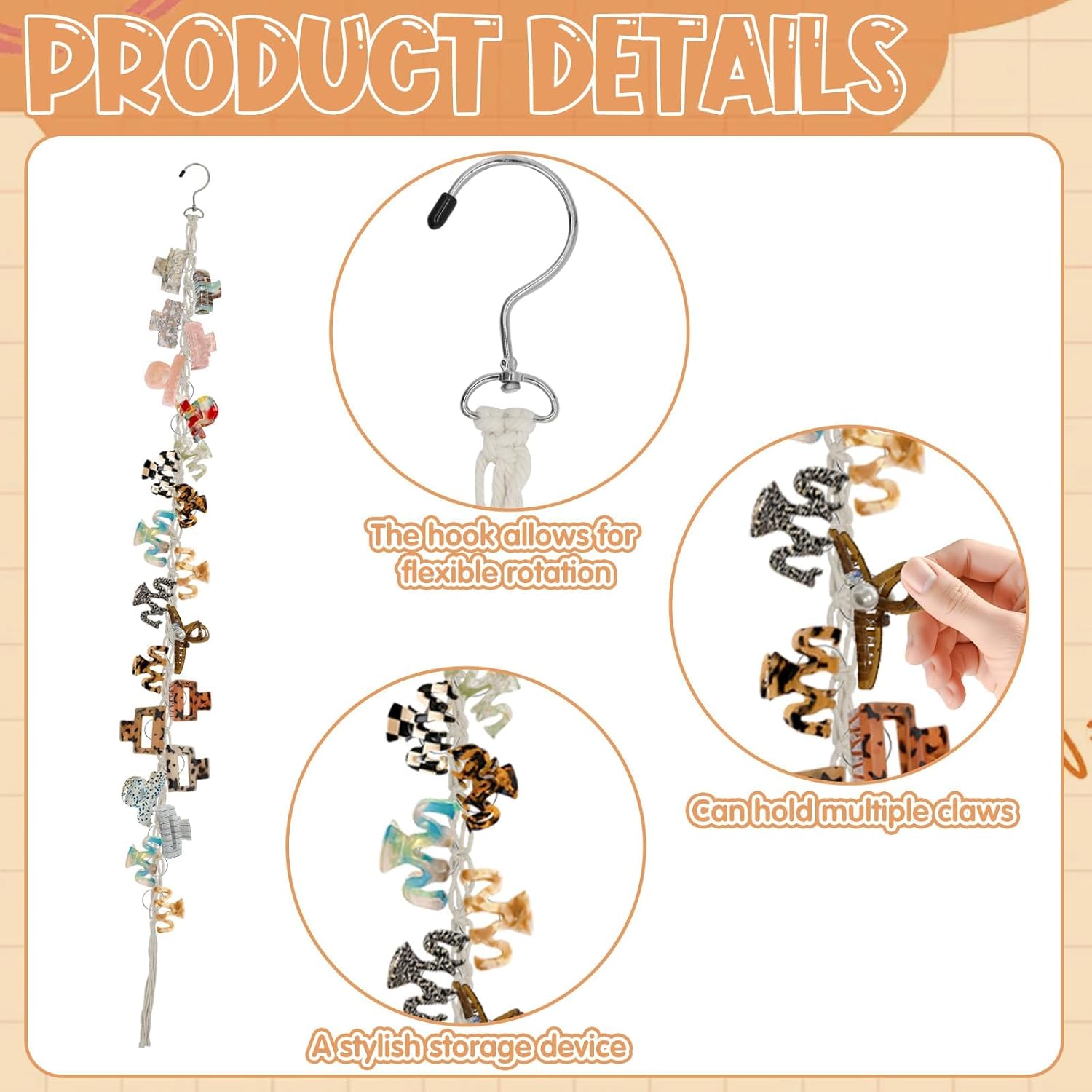 Hanging Braided Hair Clip Organizer with Swivel Hook and 20 Metal Rings, Claw Clip Organizer Daily Necessities for Women, Flexible Hanging Storage Decor for Wall - Image 3