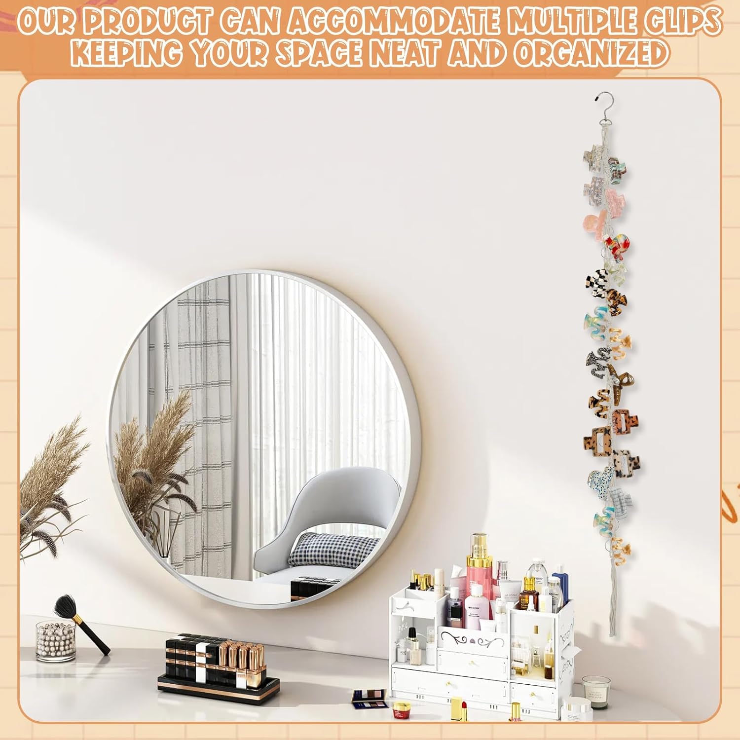 Hanging Braided Hair Clip Organizer with Swivel Hook and 20 Metal Rings, Claw Clip Organizer Daily Necessities for Women, Flexible Hanging Storage Decor for Wall - Image 4