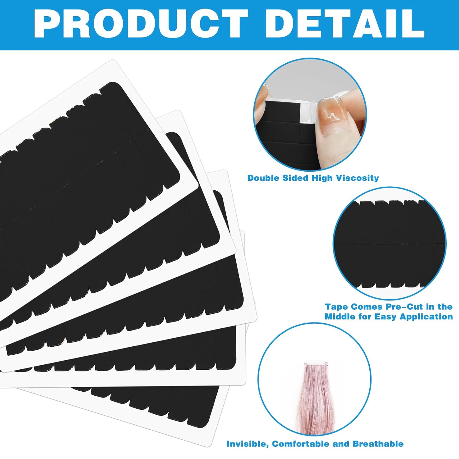 240Pcs Double Sided Hair Tape Human, Hair Extension Tape, Human Hair Tape Tabs Tape in Extension Replacement Tape Wig Tape, Adhesive Replacement Tape for Hair Extensions Wig Tape Beauty Tools(Black) - Image 4