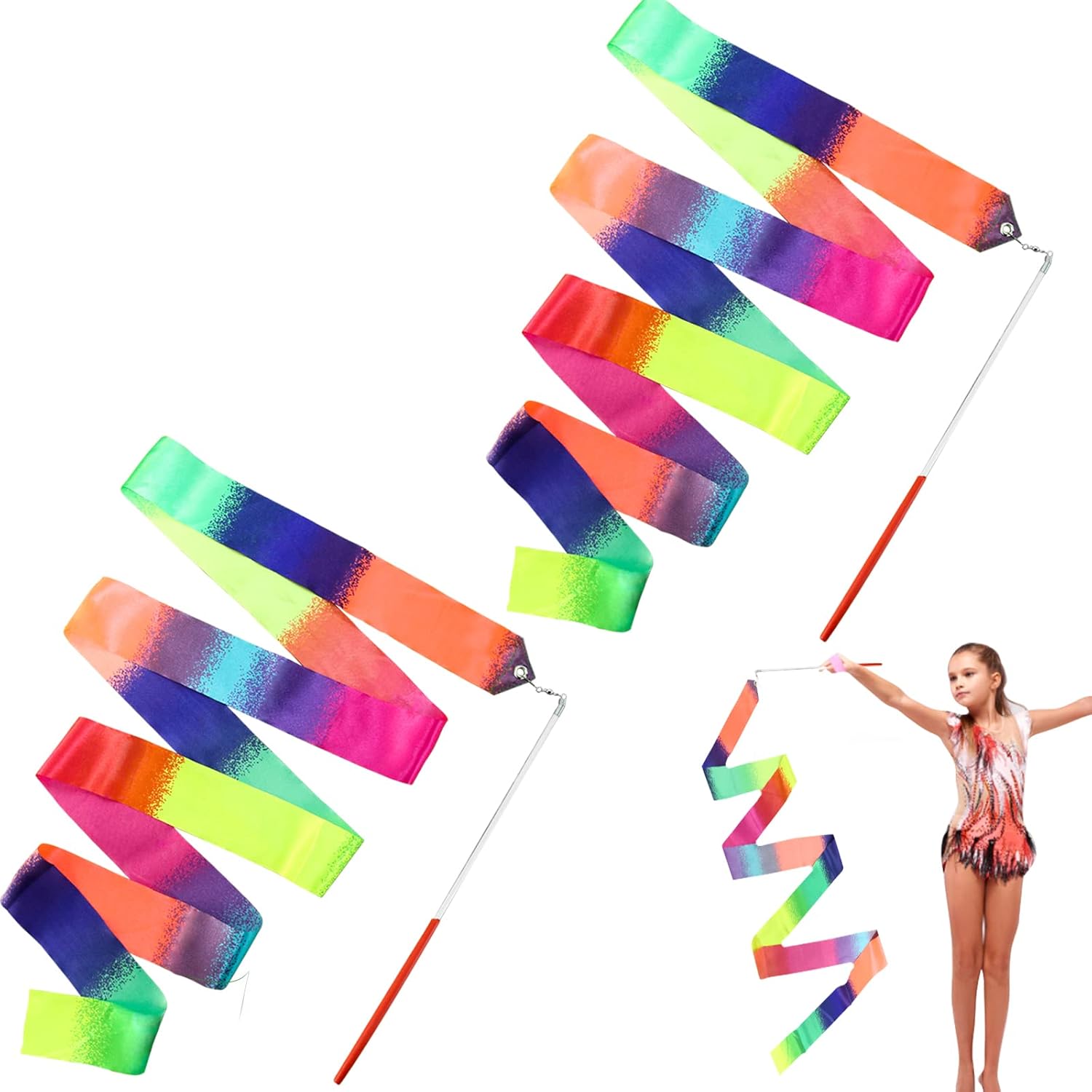 2Pcs Ribbon wands Rainbow Dance for Kids, 78.74 Inch Rhythmic Gymnastics Ribbon Dancer Wand with Rod, Soft Rainbow Ribbon Twirling Dance Streamers for Kids Girls Adults Artistic Dancing (Colorful) - Image 1