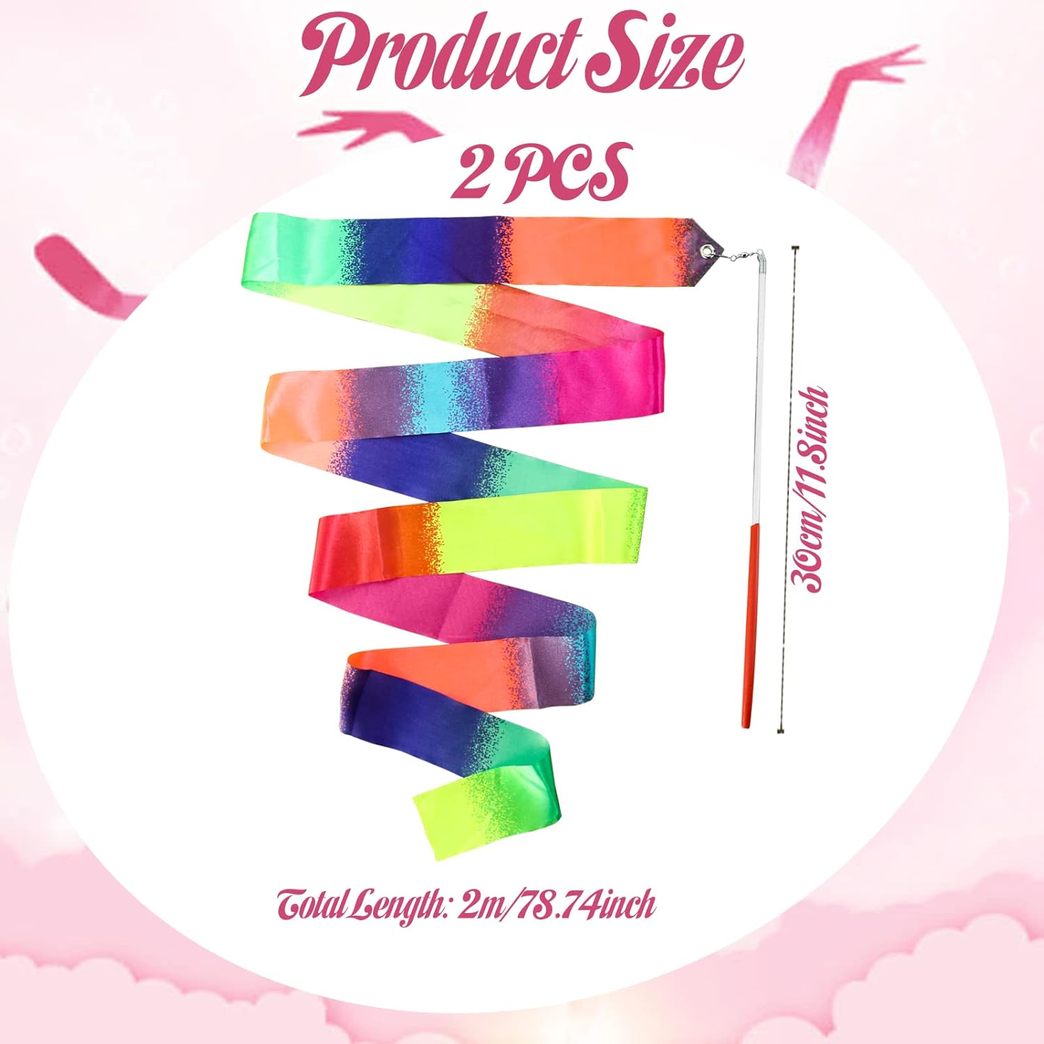 2Pcs Ribbon wands Rainbow Dance for Kids, 78.74 Inch Rhythmic Gymnastics Ribbon Dancer Wand with Rod, Soft Rainbow Ribbon Twirling Dance Streamers for Kids Girls Adults Artistic Dancing (Colorful) - Image 2