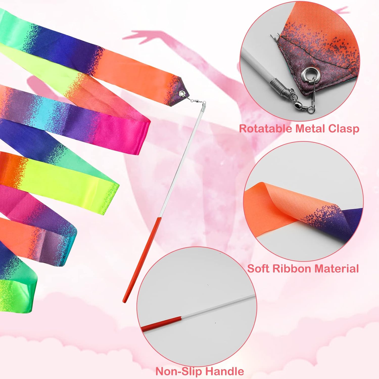 2Pcs Ribbon wands Rainbow Dance for Kids, 78.74 Inch Rhythmic Gymnastics Ribbon Dancer Wand with Rod, Soft Rainbow Ribbon Twirling Dance Streamers for Kids Girls Adults Artistic Dancing (Colorful) - Image 3