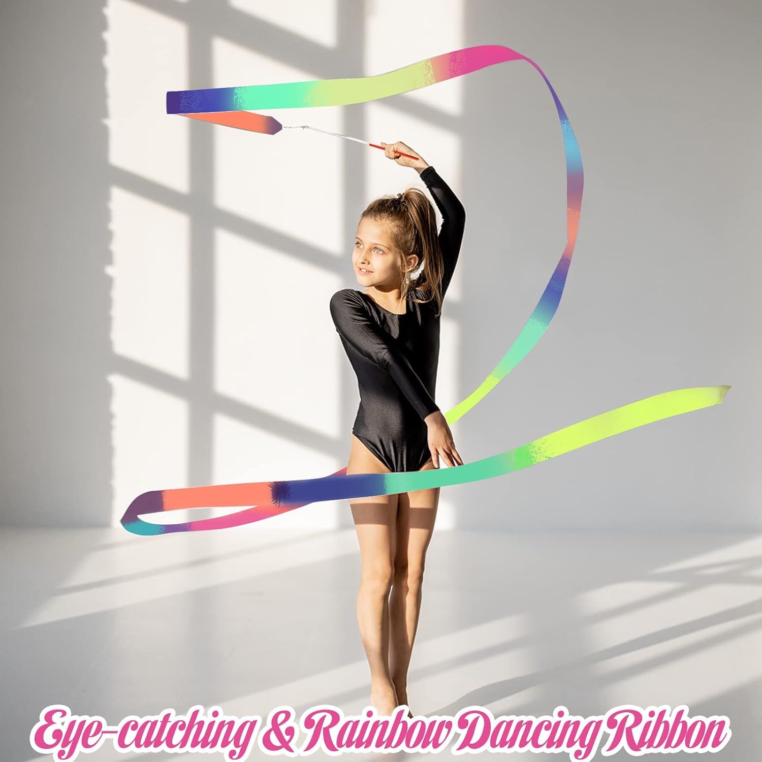 2Pcs Ribbon wands Rainbow Dance for Kids, 78.74 Inch Rhythmic Gymnastics Ribbon Dancer Wand with Rod, Soft Rainbow Ribbon Twirling Dance Streamers for Kids Girls Adults Artistic Dancing (Colorful) - Image 4